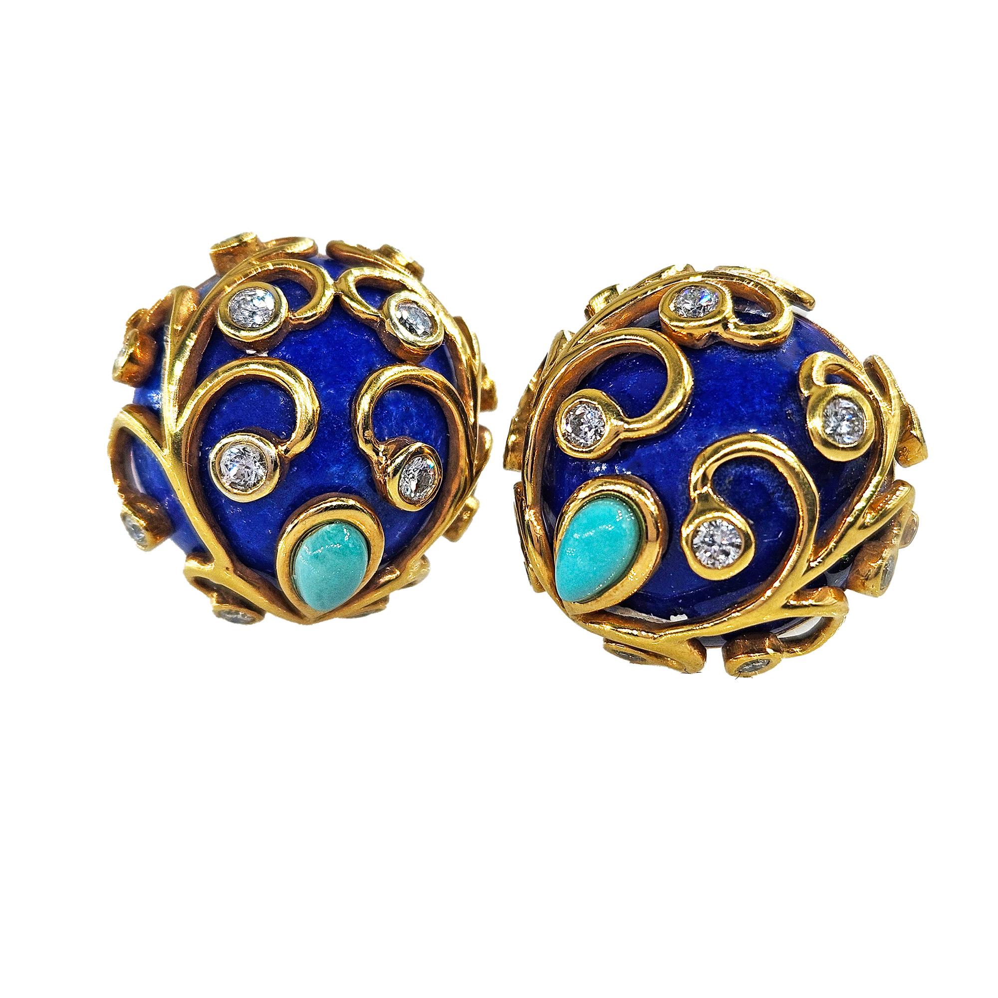 Vintage 18k Gold Lapis 0.80ct Natural Round Diamond Turquoise Button Statement Earrings, Circa 1980s

Add a splash of color and vintage elegance to your jewelry collection with these vibrant and bright 18K Gold Earrings, featuring exquisite Gold