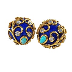 Vintage 18KY Gold Lapis Lazuli Diamond Turquoise Button Clips Post Earrings