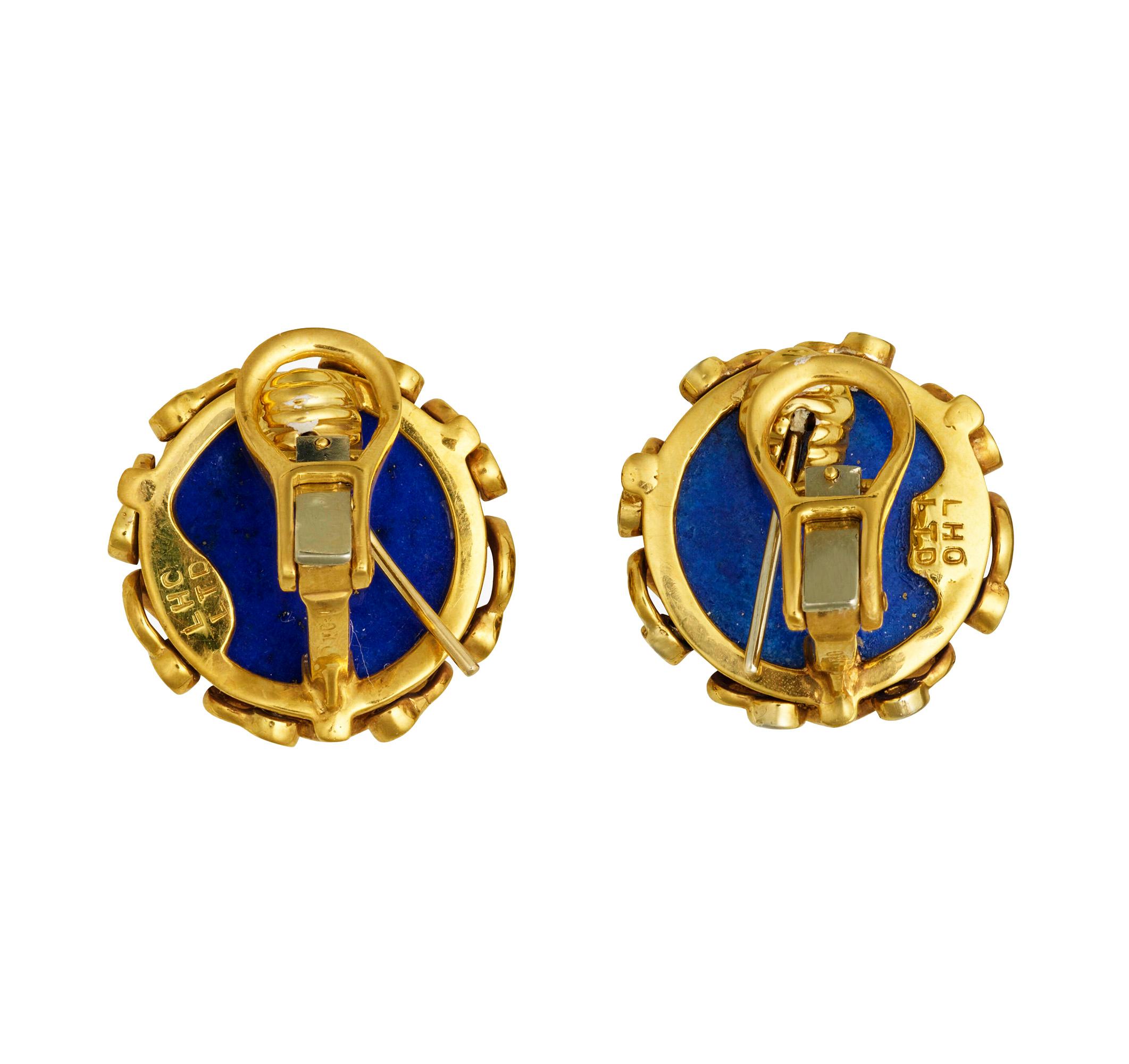 Modern Vintage 18KY Gold Lapis Lazuli Diamond Turquoise Button Clips Post Earrings For Sale