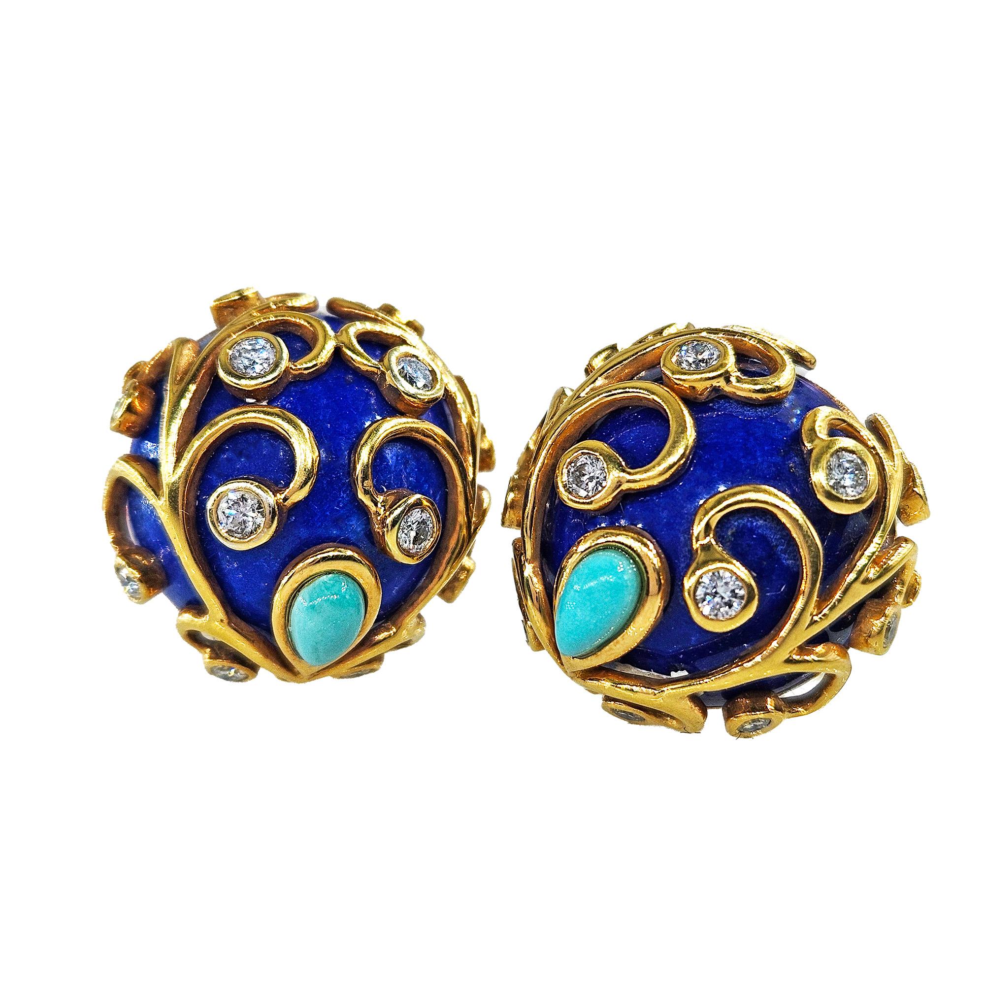 Cabochon Vintage 18KY Gold Lapis Lazuli Diamond Turquoise Button Clips Post Earrings For Sale