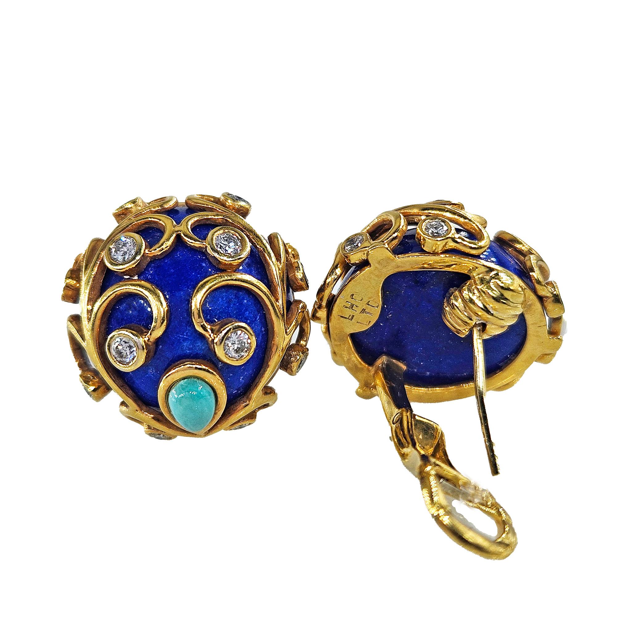 Vintage 18KY Gold Lapis Lazuli Diamond Turquoise Button Clips Post Earrings In Good Condition For Sale In New York, NY