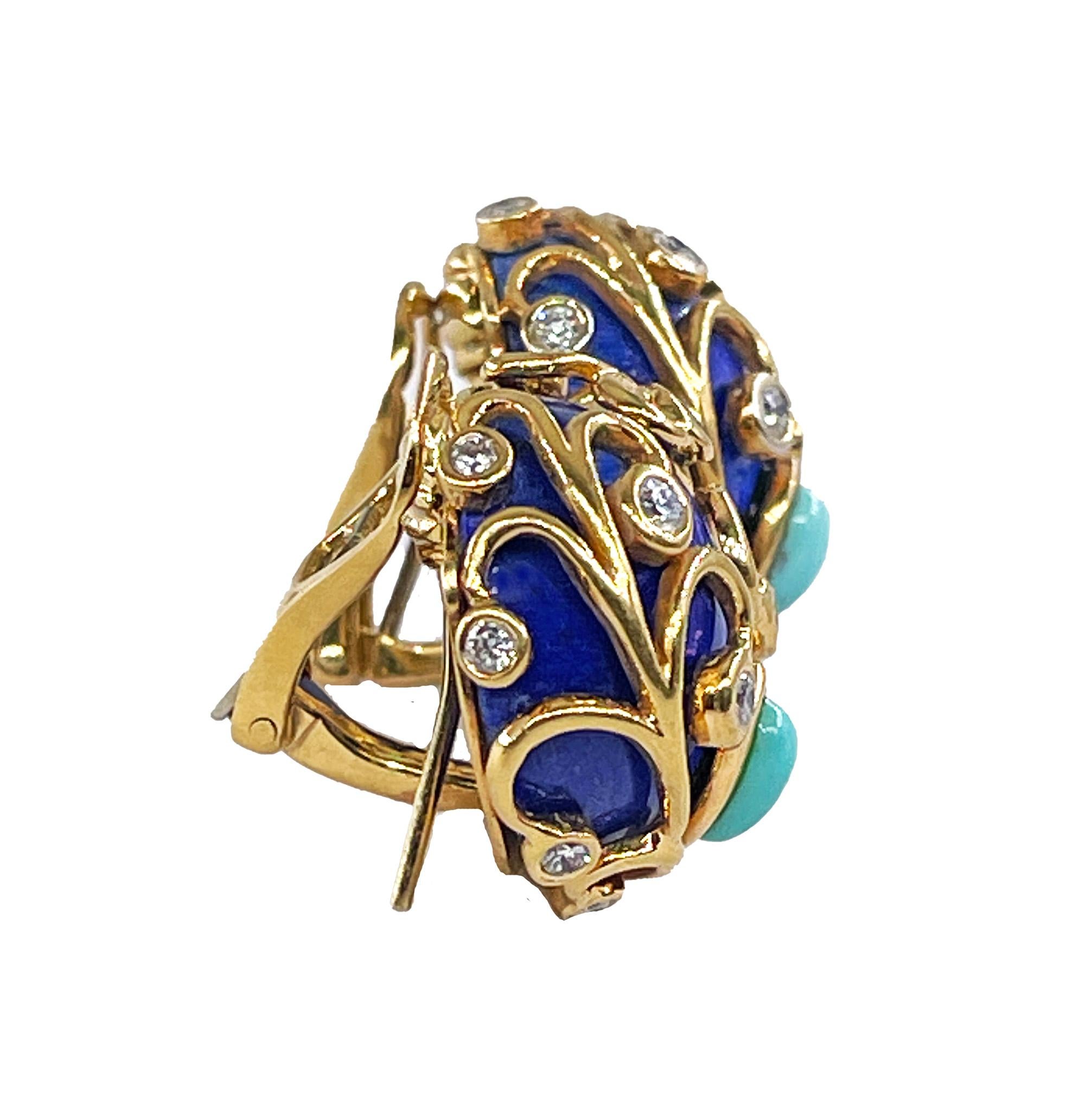 Women's Vintage 18KY Gold Lapis Lazuli Diamond Turquoise Button Clips Post Earrings For Sale