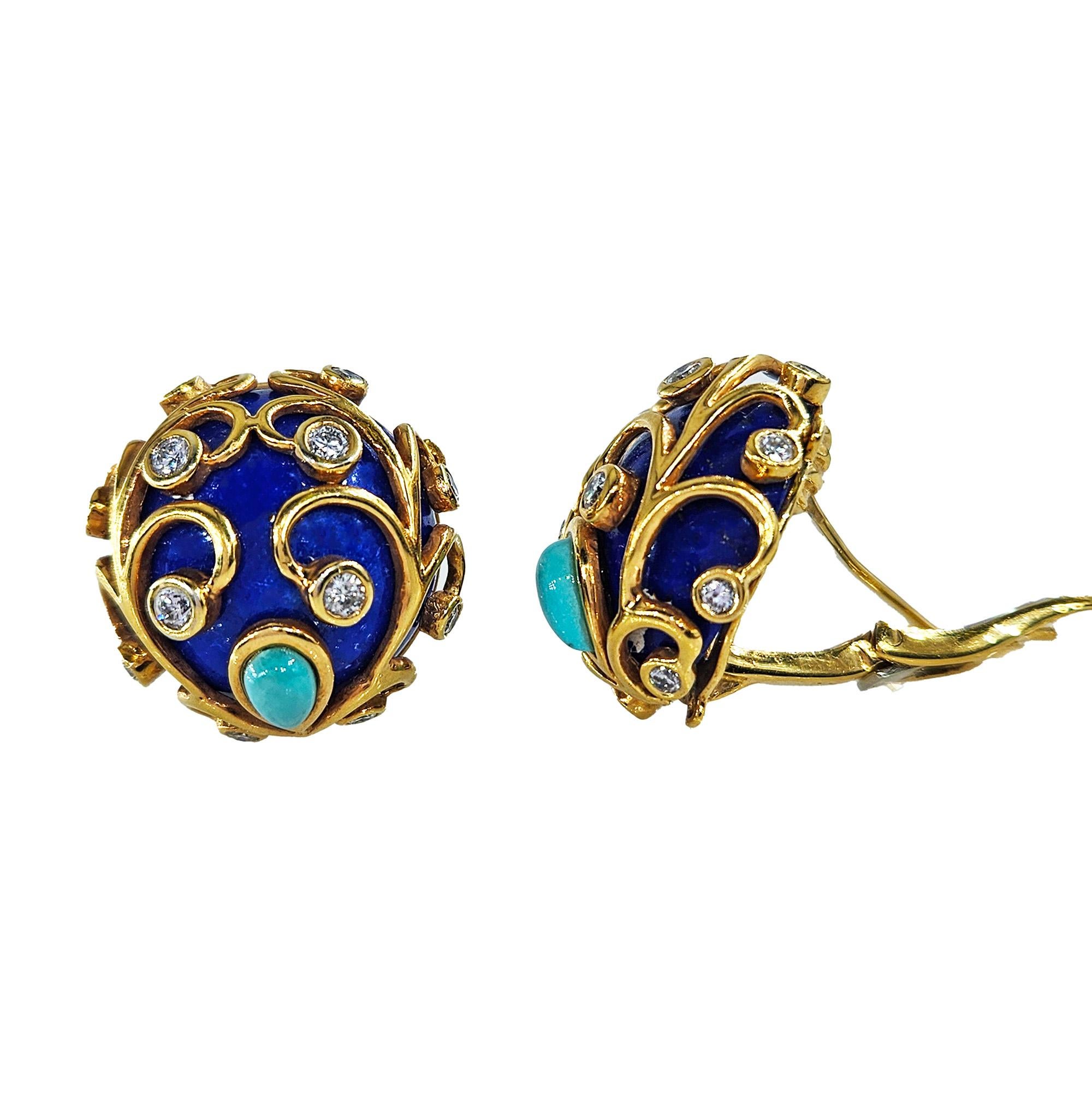 Vintage 18KY Gold Lapis Lazuli Diamond Turquoise Button Clips Post Earrings For Sale 1