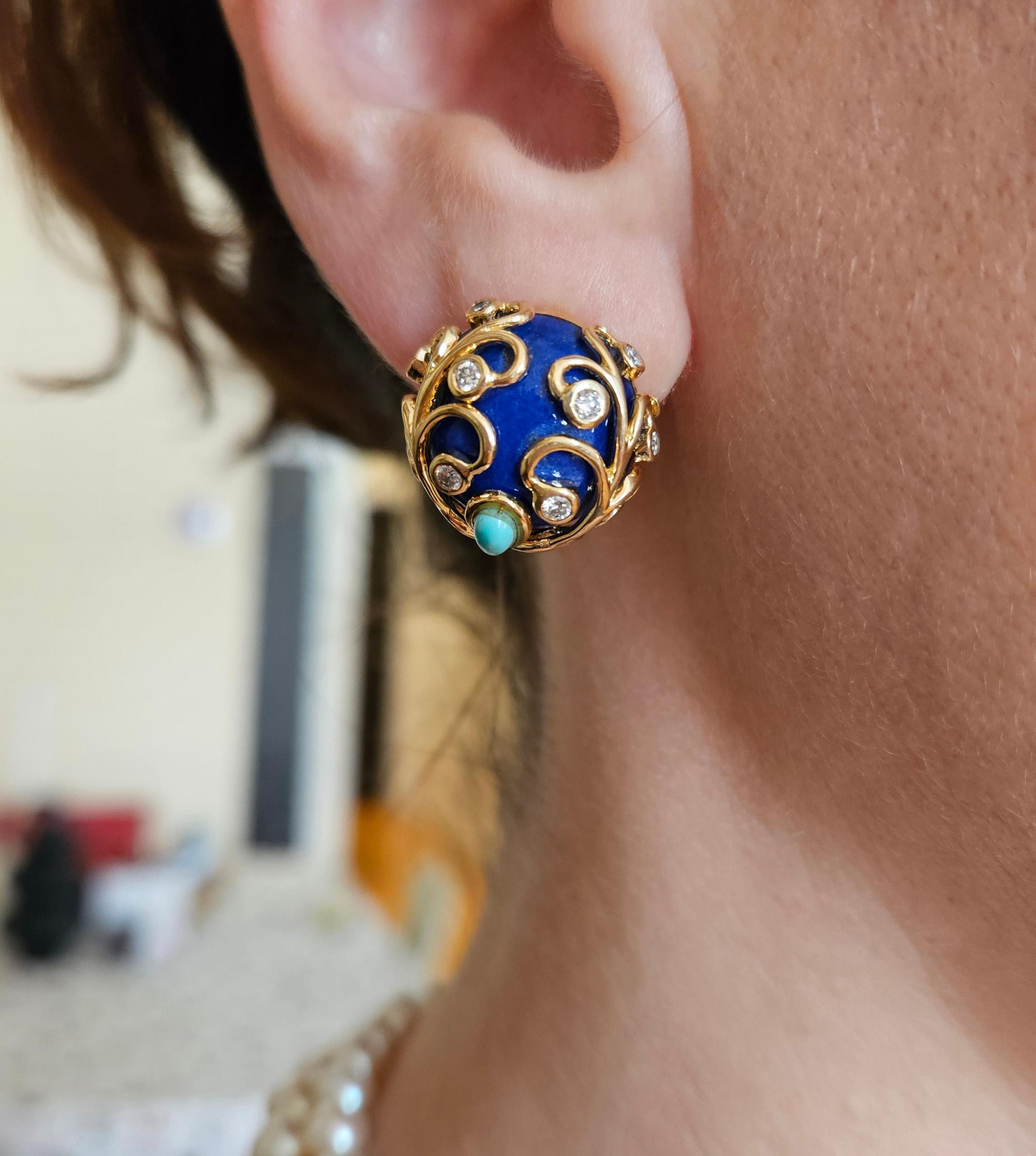 Vintage 18KY Gold Lapis Lazuli Diamond Turquoise Button Clips Post Earrings For Sale 2
