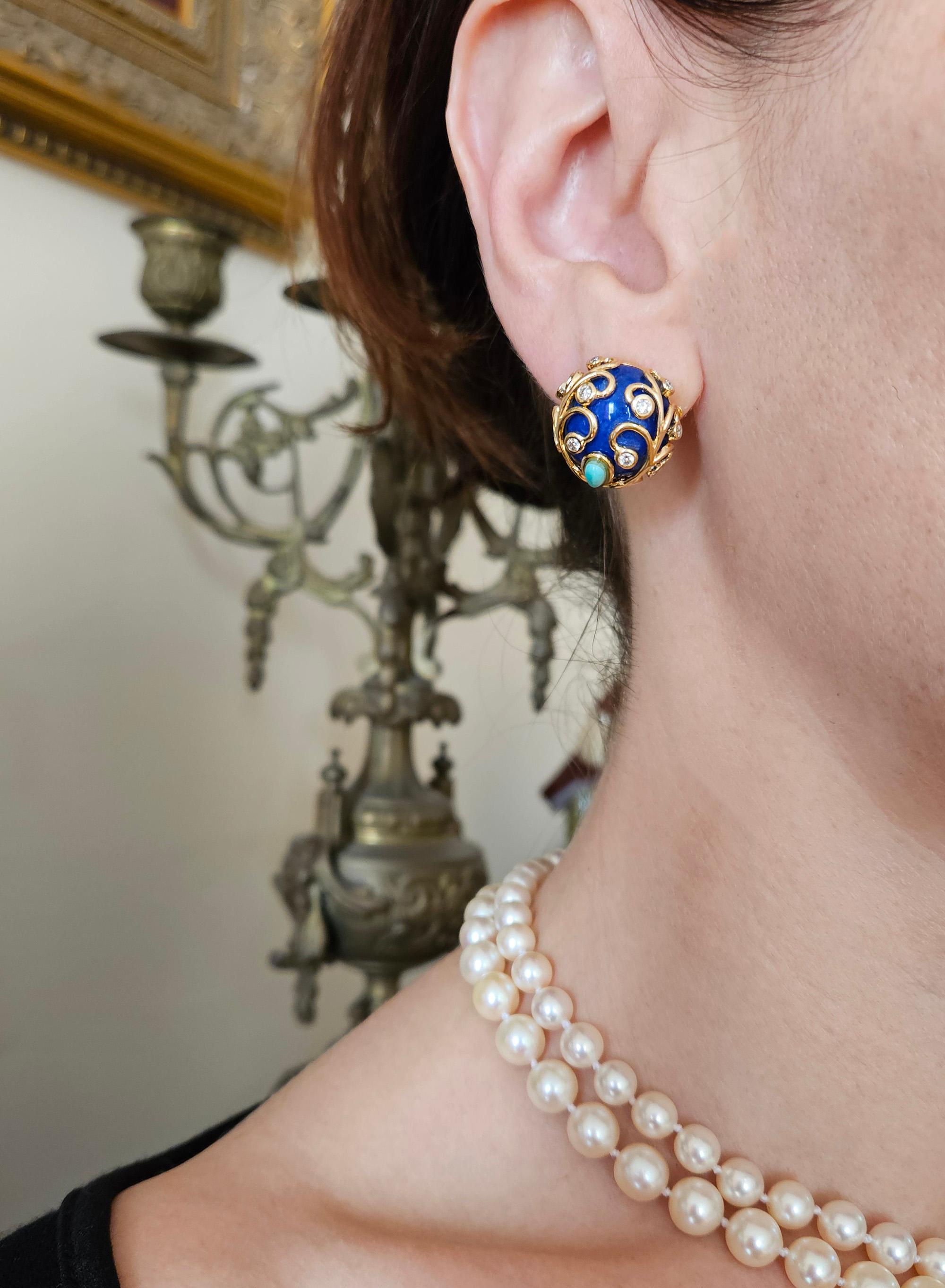Vintage 18KY Gold Lapis Lazuli Diamond Turquoise Button Clips Post Earrings For Sale 3