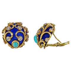 Vintage 18KY Gold Lapis Lazuli Diamond Turquoise Button Clips Post Earrings