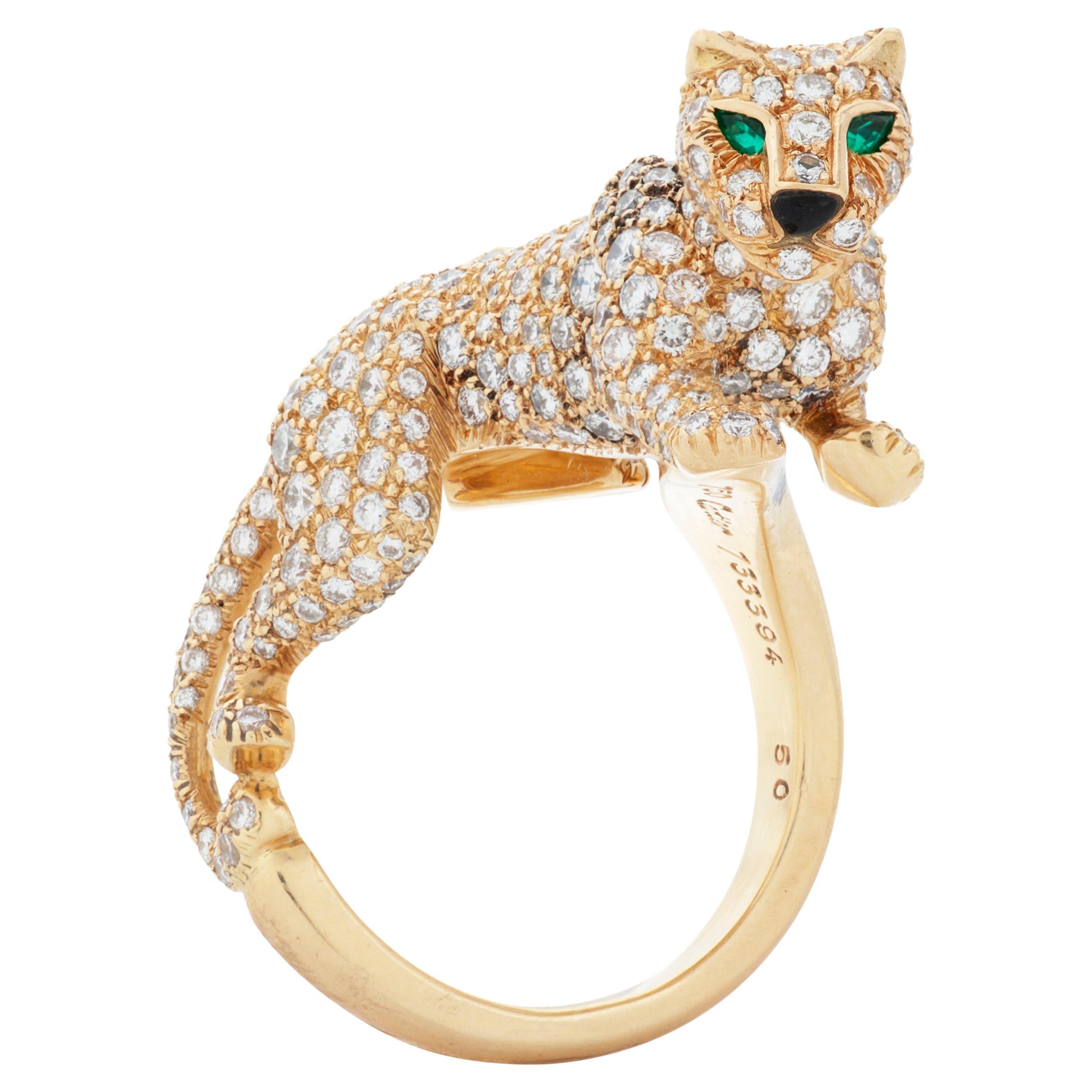 Vintage 18kyg Panthere De Cartier Diamond:: Emerald & Onyx Walking Panther Ring