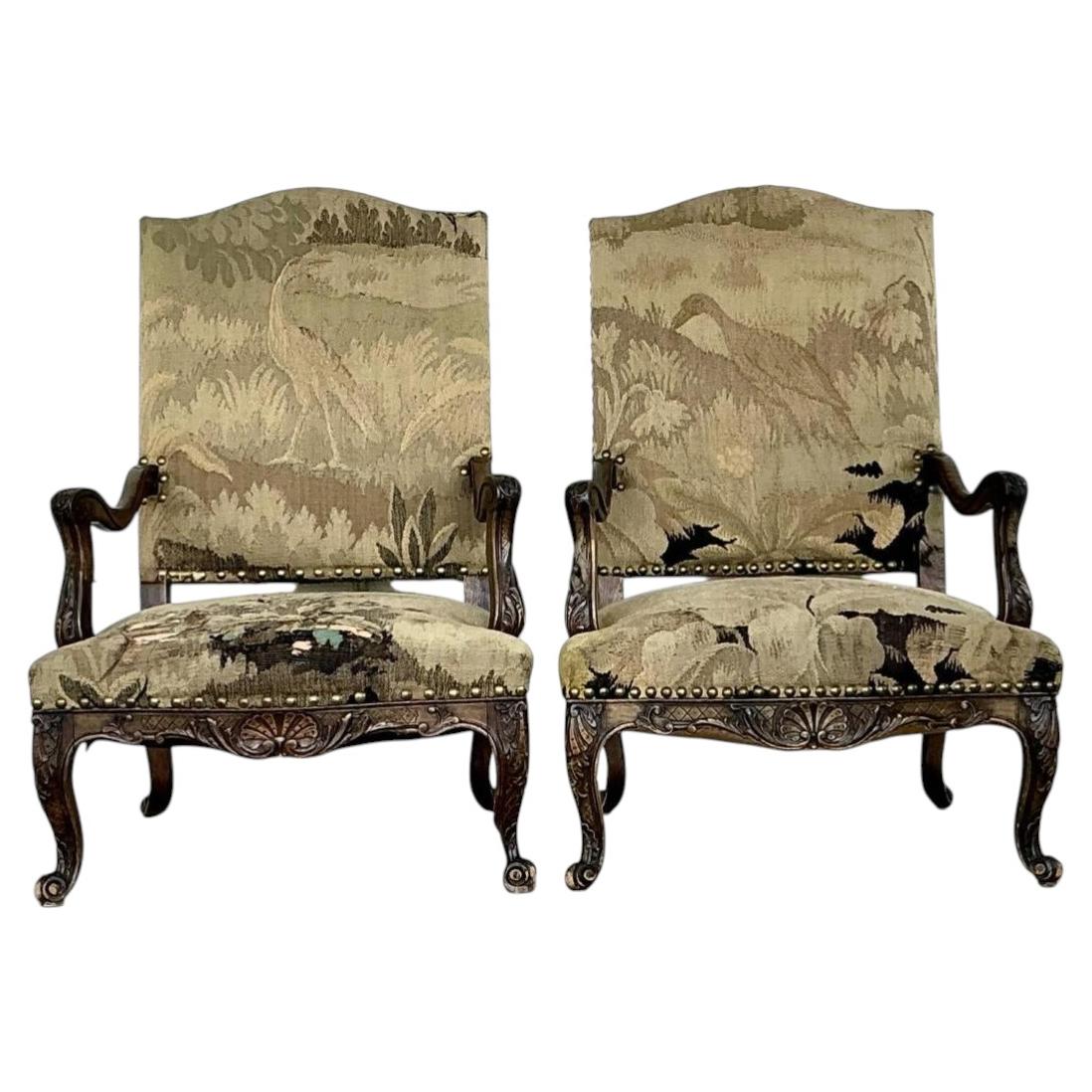 Vintage 18th Century French Baroque Tapestry Arm Chairs - A Pair For Sale