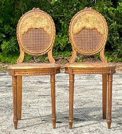 Vintage 18th Century Gesso and Cane Medallion Chairs With Tapestry Detail - a Pr