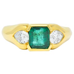 Vintage 1.90 Carat Emerald Diamond 18 Karat Gold Three-Stone Ring