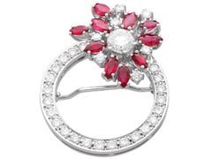 Vintage 1.90 Carat Ruby and 1.35 Carat Diamond, 15k White Gold Brooch Circa 1970