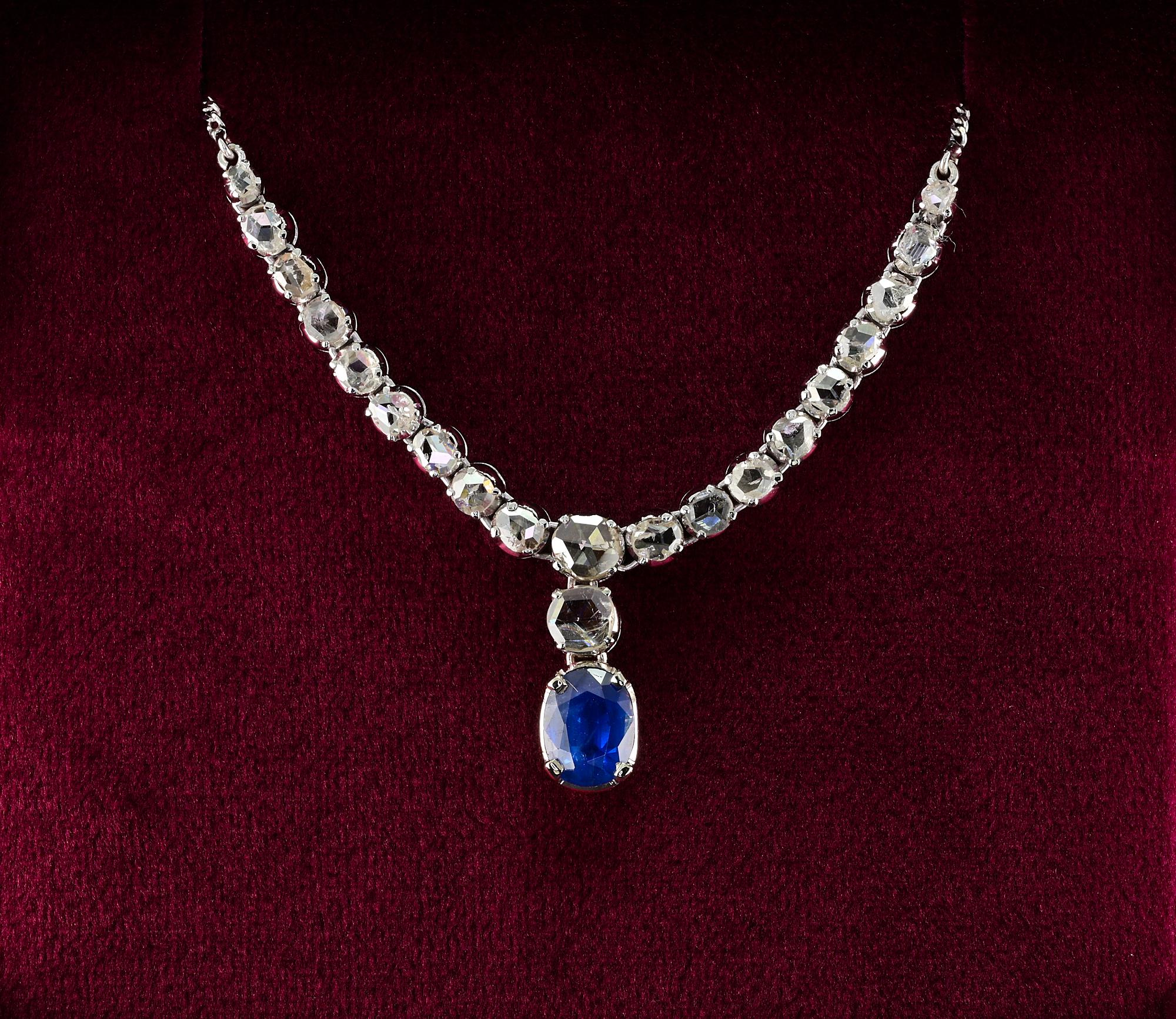 Retro Vintage 1.90 Ct Natural Sapphire 2.90 Ct Rose Cut Diamond Necklace For Sale