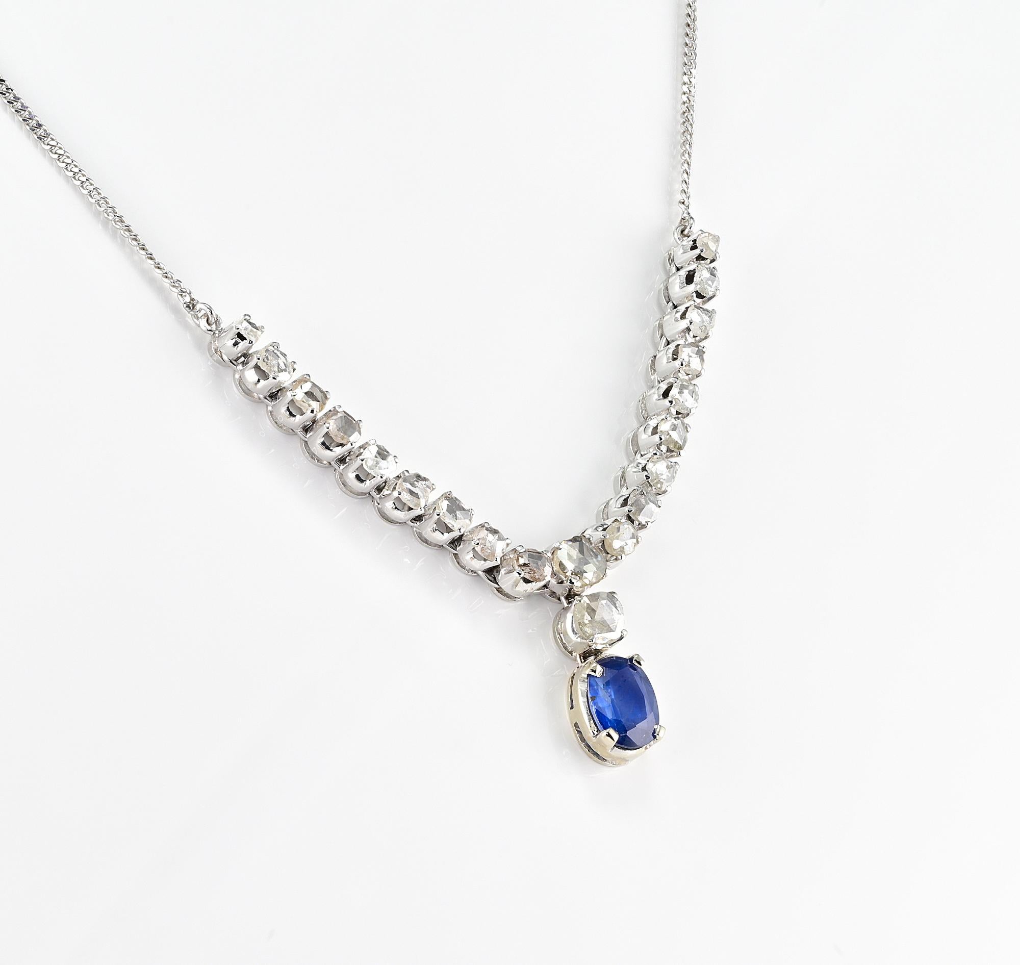 Vintage 1.90 Ct Natural Sapphire 2.90 Ct Rose Cut Diamond Necklace In Good Condition For Sale In Napoli, IT