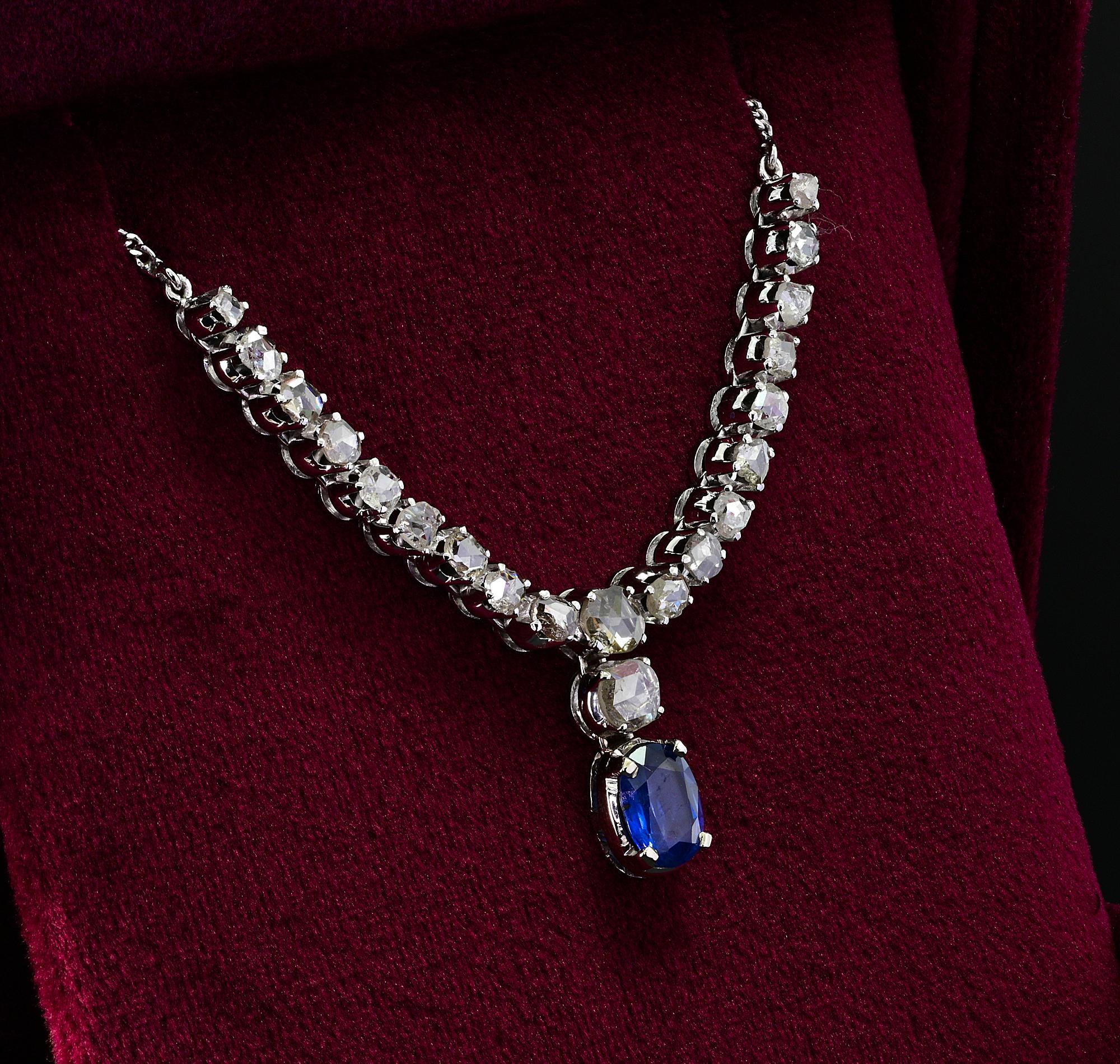 Women's Vintage 1.90 Ct Natural Sapphire 2.90 Ct Rose Cut Diamond Necklace For Sale