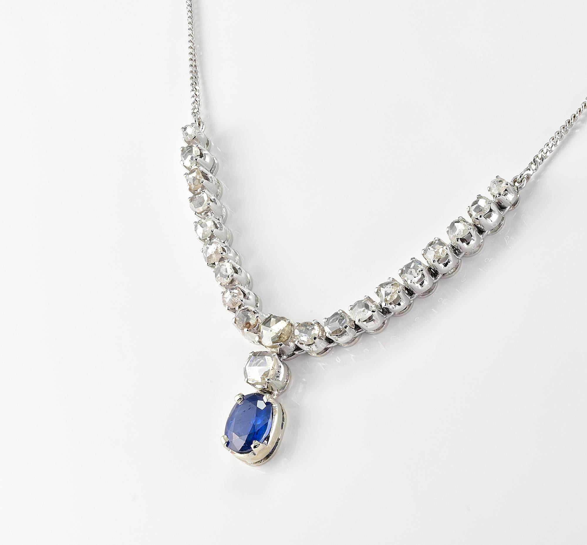 Vintage 1.90 Ct Natural Sapphire 2.90 Ct Rose Cut Diamond Necklace For Sale 1