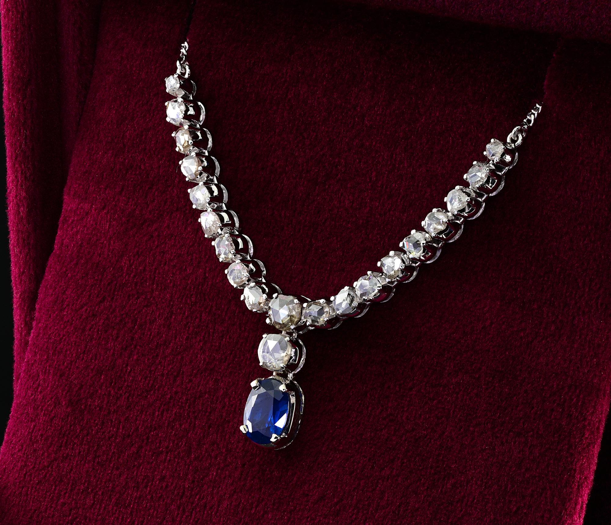 Vintage 1.90 Ct Natural Sapphire 2.90 Ct Rose Cut Diamond Necklace For Sale 2