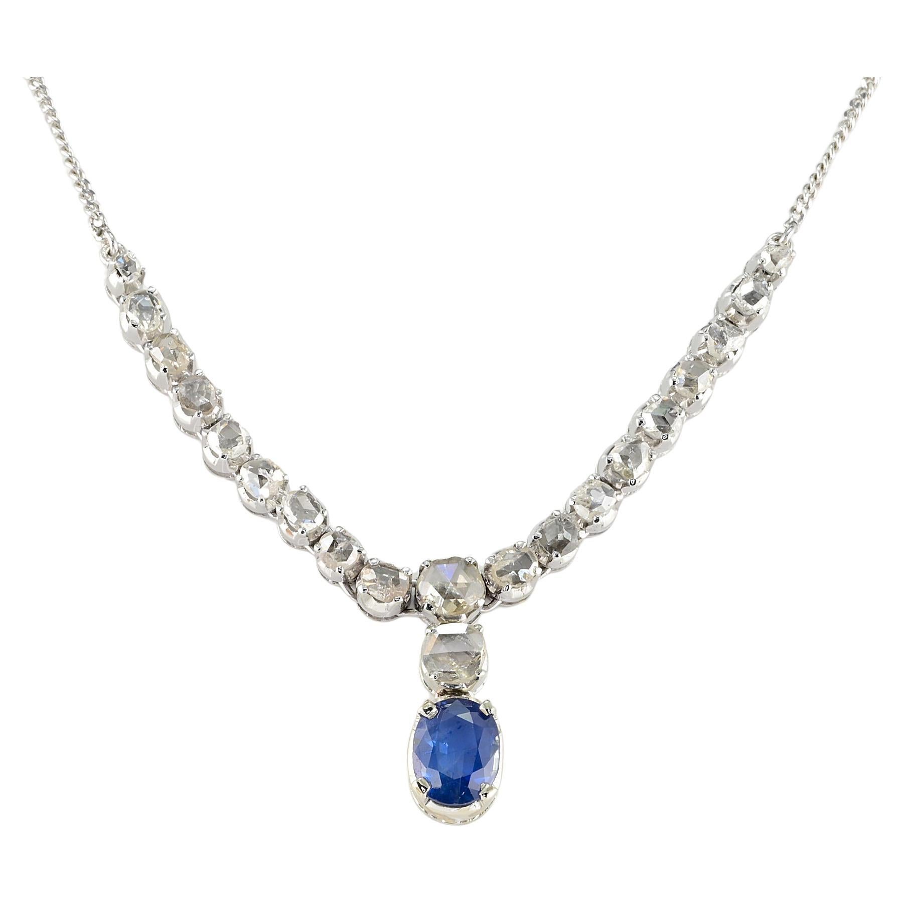 Vintage 1.90 Ct Natural Sapphire 2.90 Ct Rose Cut Diamond Necklace For Sale