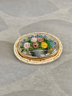 1900-1920 Essex Crystal and Seed Pearl Floral 14 Karat Yellow Gold Brooch