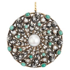 Antique 1900 Pearl Turquoise Diamond 14k Yellow Gold Pendant