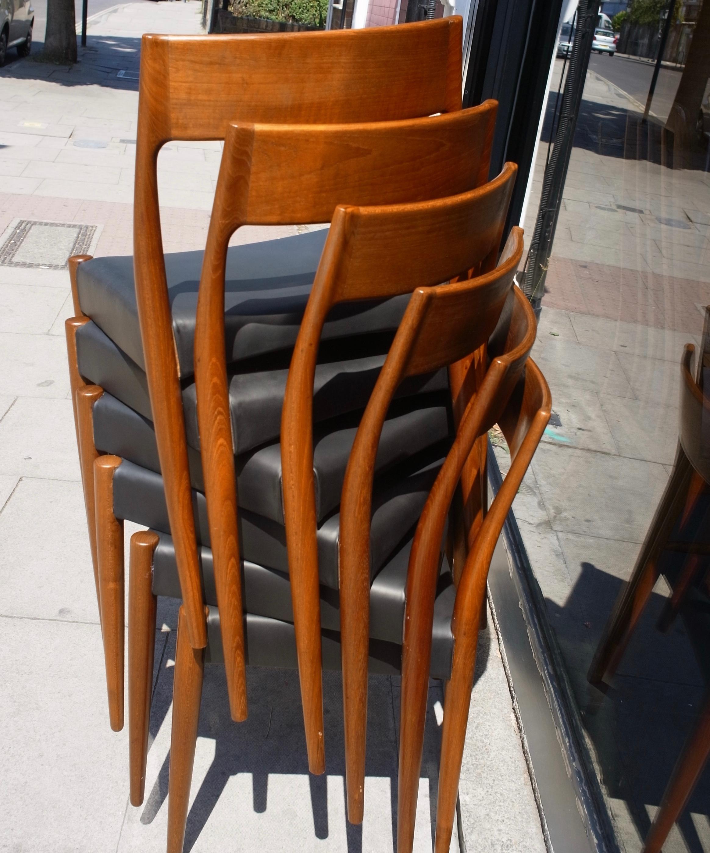 Vintage 1960s Danish Teak & Leather Model 175 Dining Chairs by Mogens Kold For Sale 5