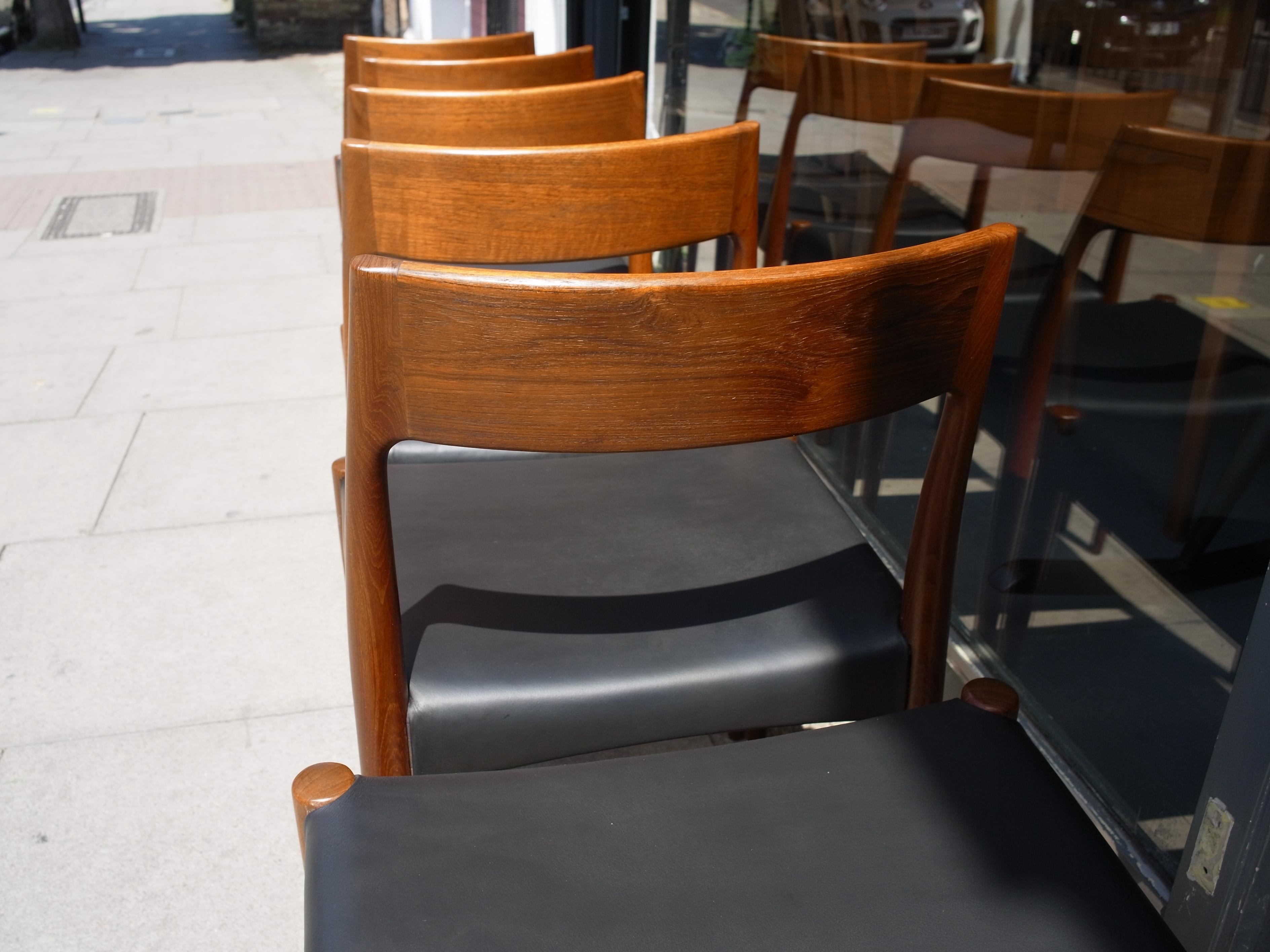 Vintage 1960s Danish Teak & Leather Model 175 Dining Chairs by Mogens Kold For Sale 4