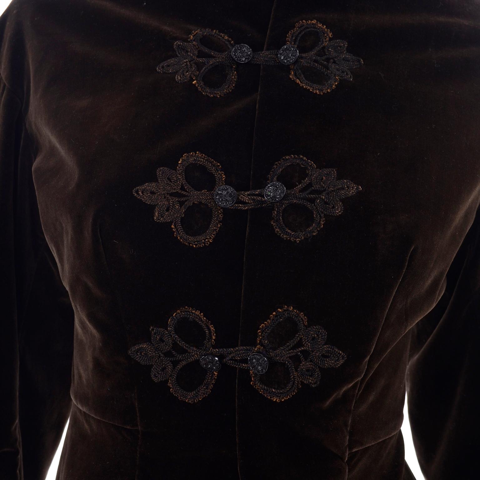 Black Vintage 1900s Edwardian Basque Brown Velvet Jacket with Peplum & Soutache For Sale