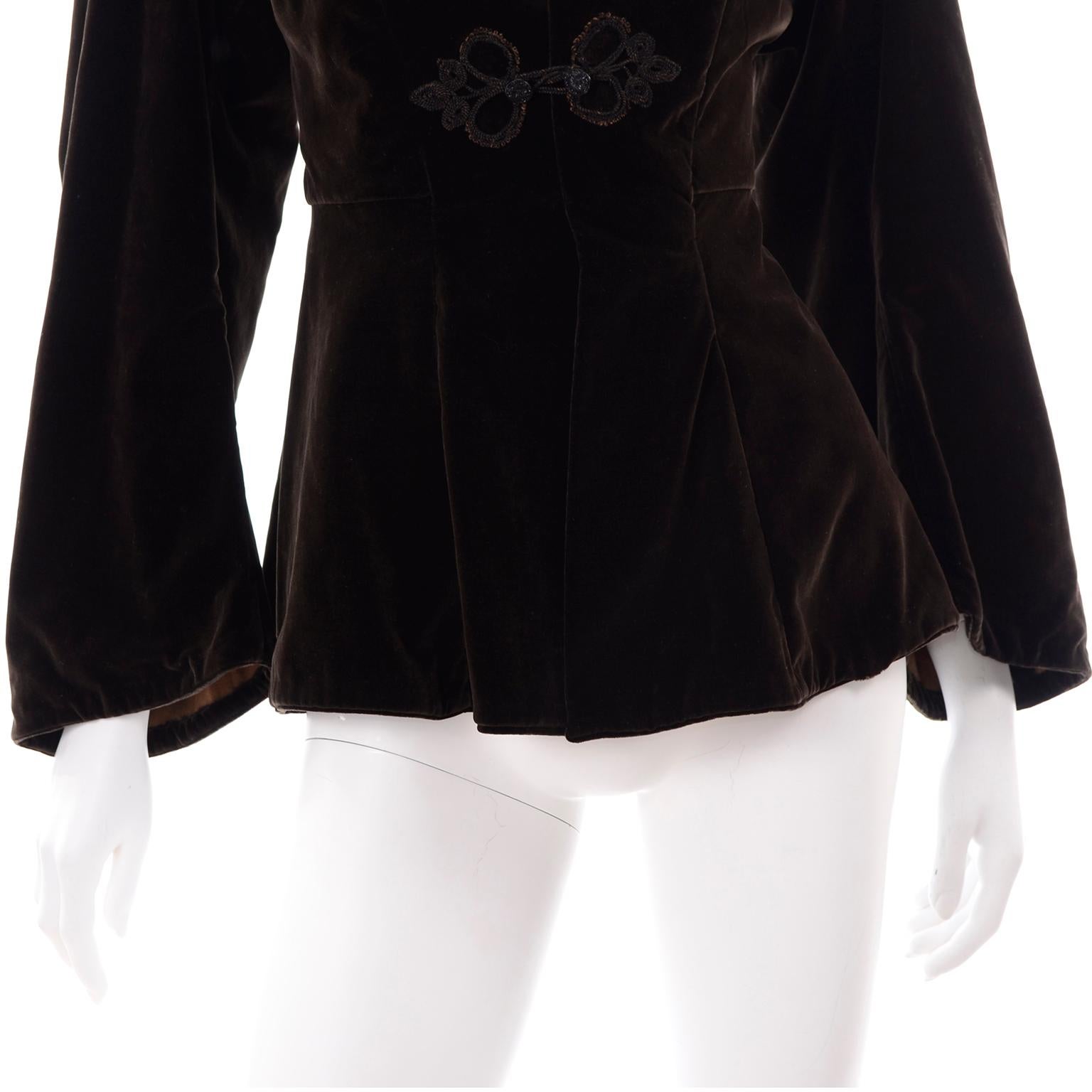 Women's Vintage 1900s Edwardian Basque Brown Velvet Jacket with Peplum & Soutache For Sale