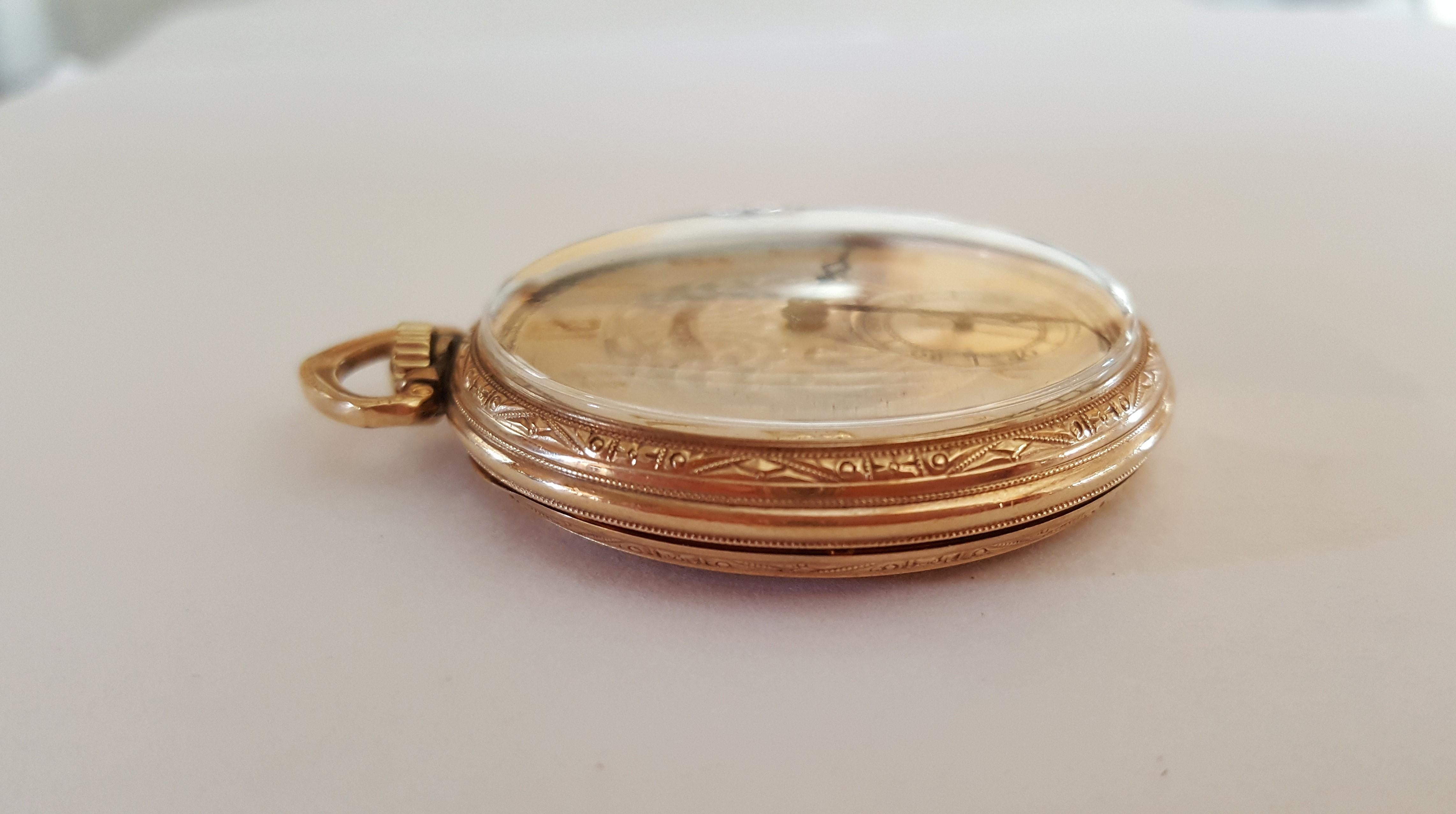 Vintage 1922 Illinois 10kt Gold Pocket Watch, Works, Excellent Condition, Santa Fe Special, 21 Jewel, Illinois Watch Co. This watch is considered a dress watch with beautiful designs and engraving on the face and case of the watch,