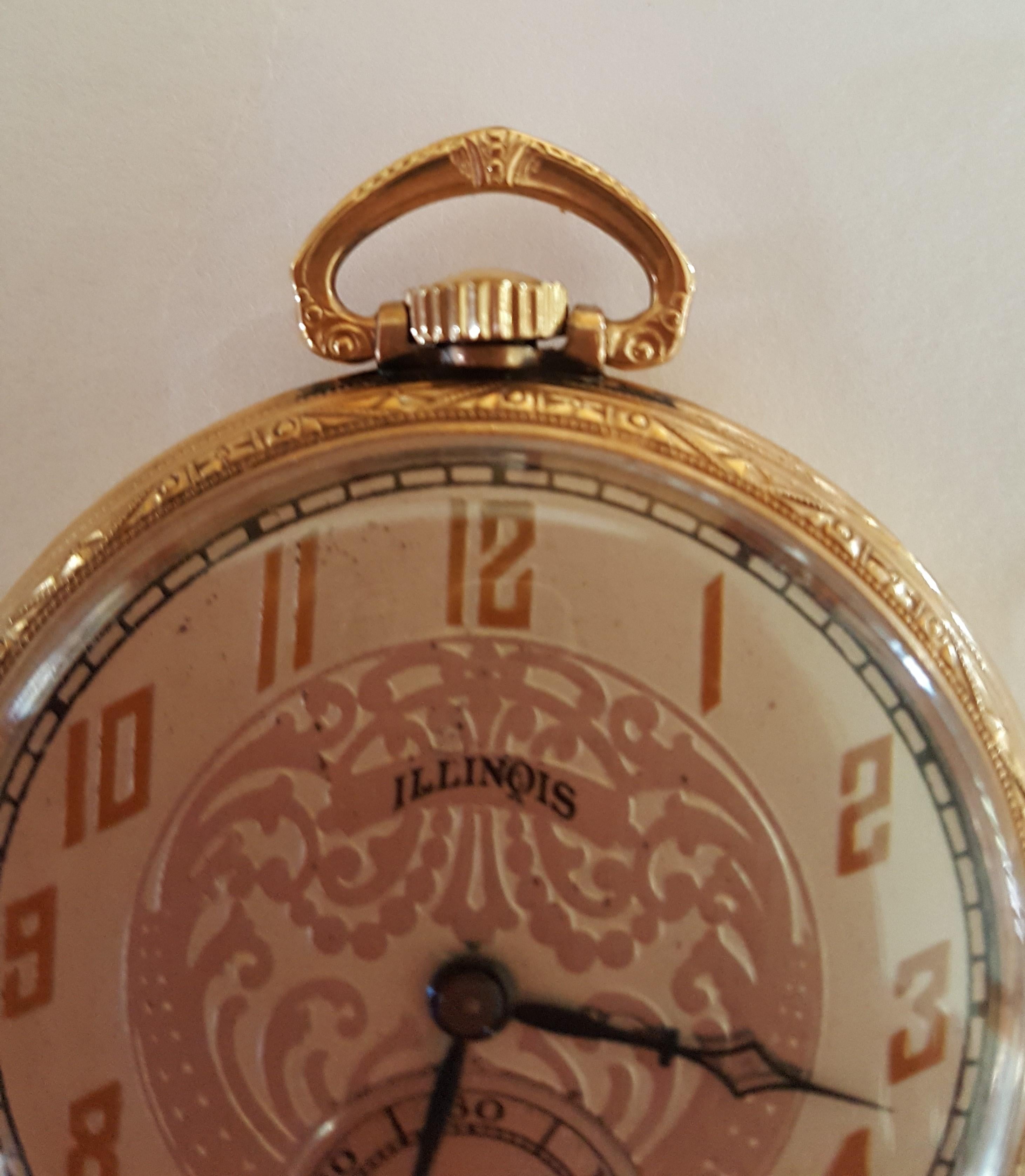Vintage 1922 Illinois 10 Karat Gold Pocket Watch, Works, Excellent Condition In Good Condition In Rancho Santa Fe, CA