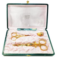 Antique 1900s Sewing Kit Scissors and Thimble Gold Gilt and Damascene Pattern