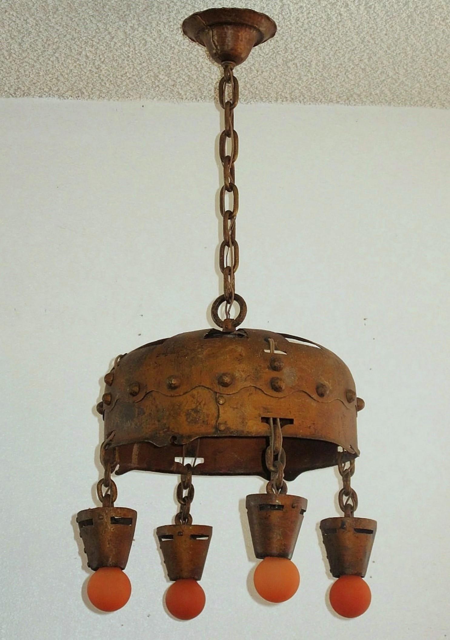 Painted Vintage 1904 Arts & Crafts Hand Wrought & Hammered Antique Fixture For Sale