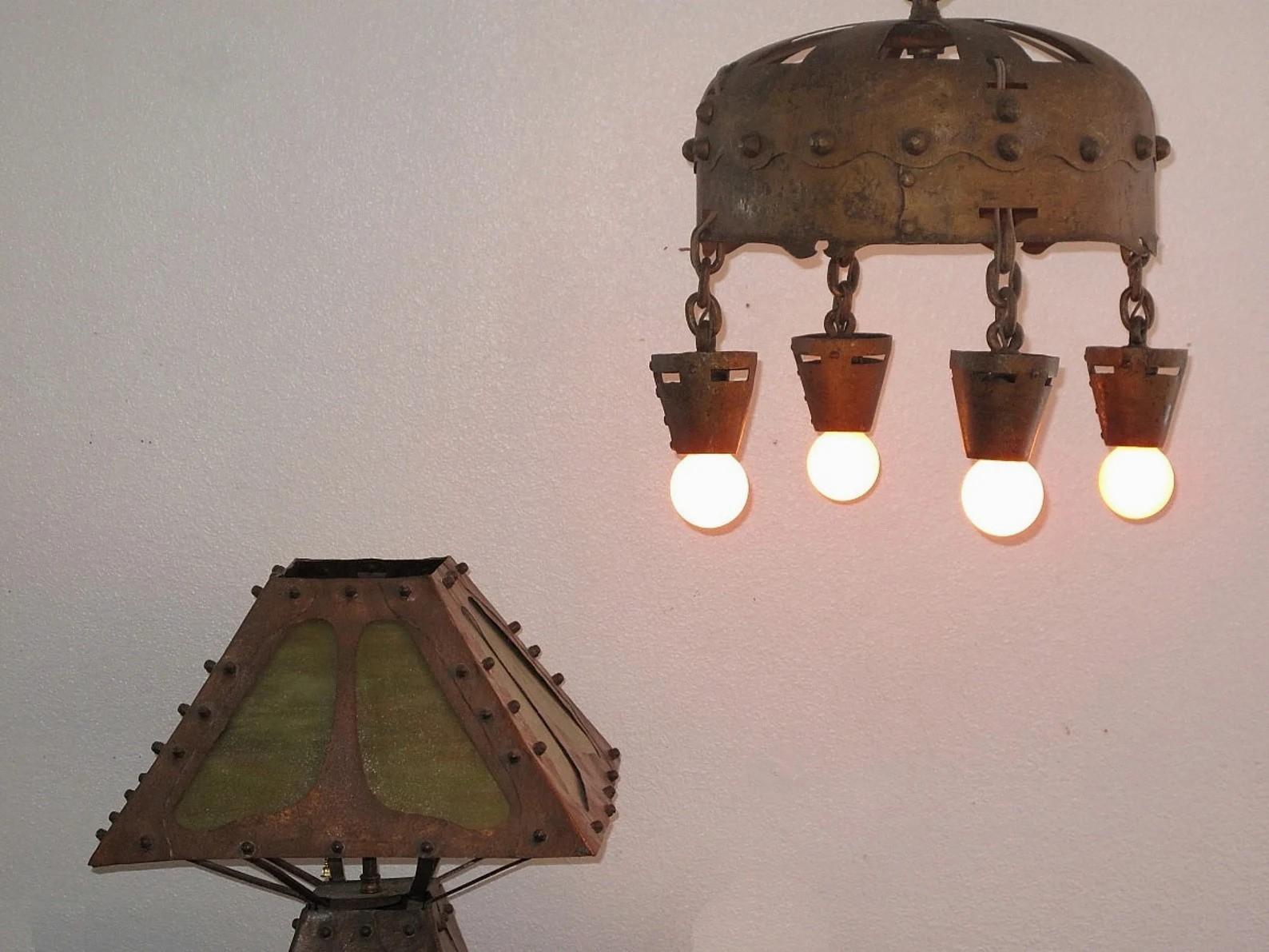 Vintage 1904 Arts & Crafts Hand Wrought & Hammered Antique Fixture In Good Condition For Sale In Prescott, US
