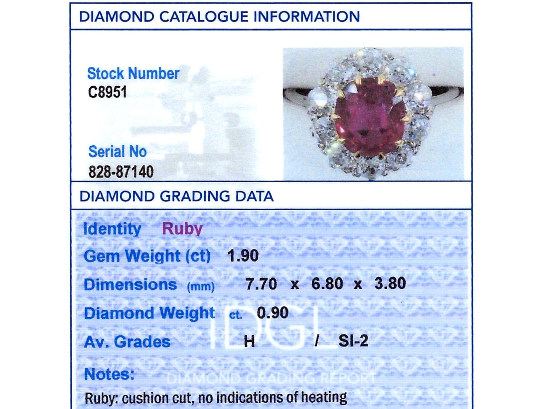 Vintage 1.90Carat Thai Ruby and 0.90 Carat Diamond, Platinum Cluster Ring 1940 6