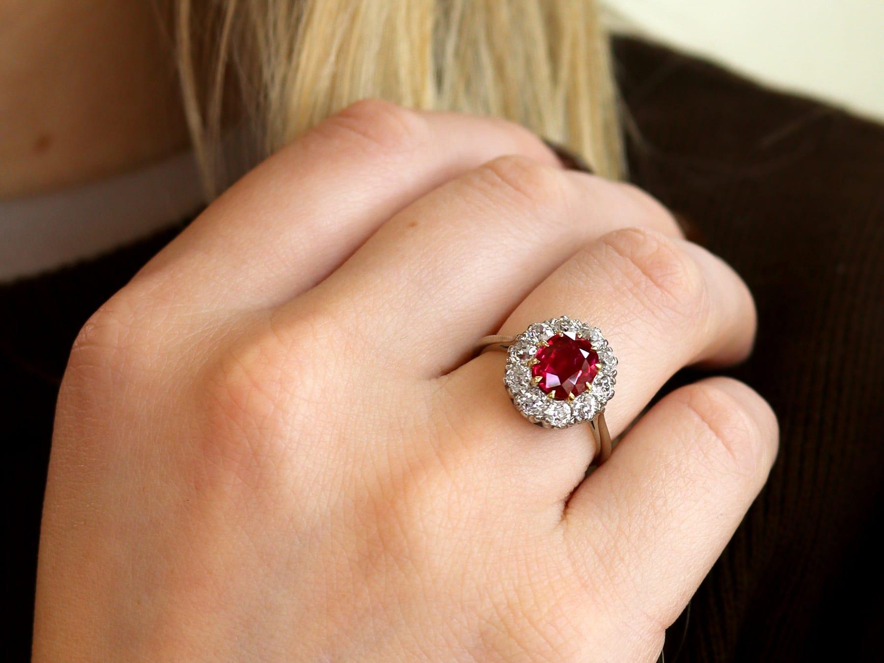 Cushion Cut Vintage 1.90Carat Thai Ruby and 0.90 Carat Diamond, Platinum Cluster Ring 1940