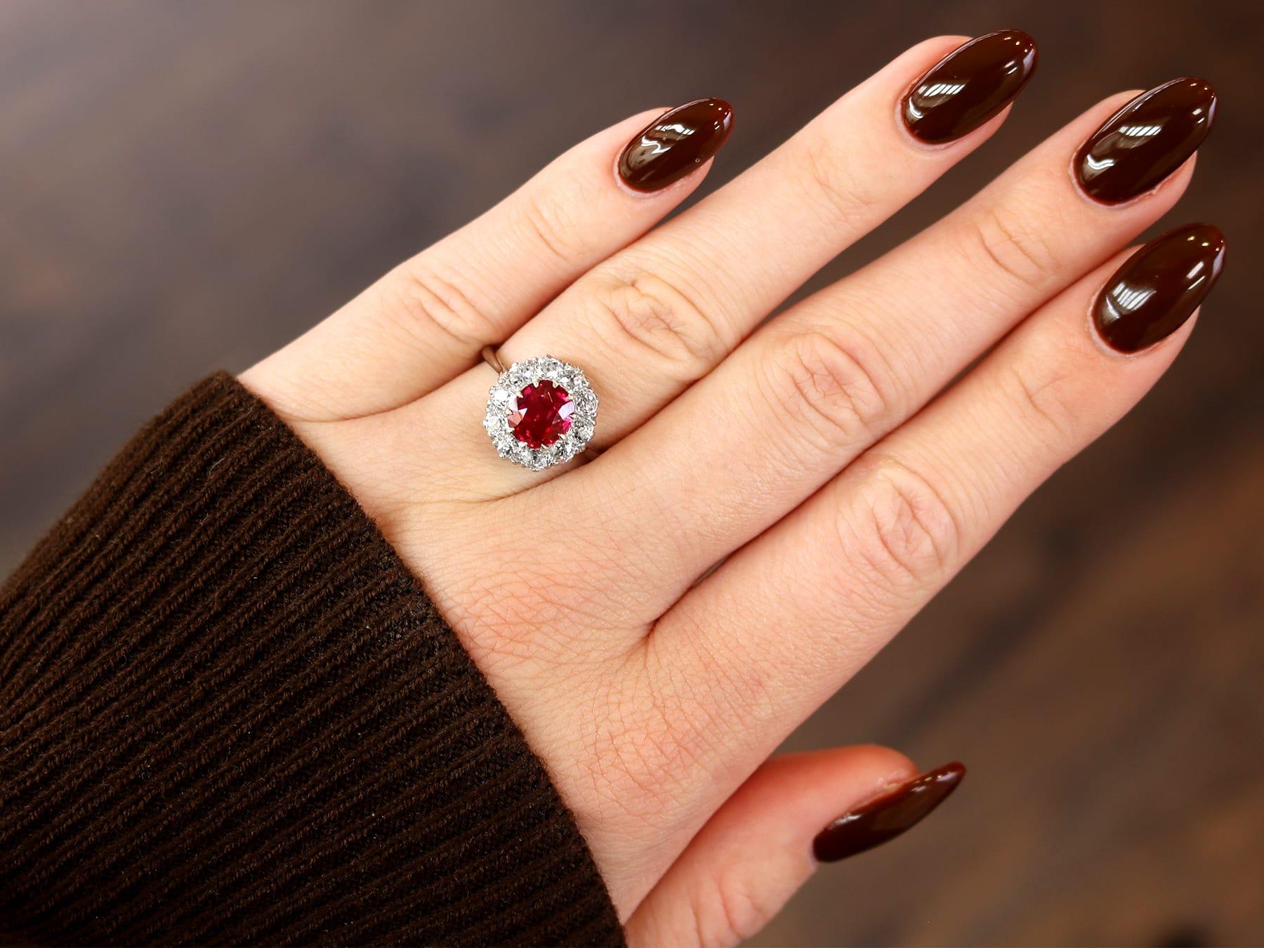 Vintage 1.90Carat Thai Ruby and 0.90 Carat Diamond, Platinum Cluster Ring 1940 In Excellent Condition In Jesmond, Newcastle Upon Tyne