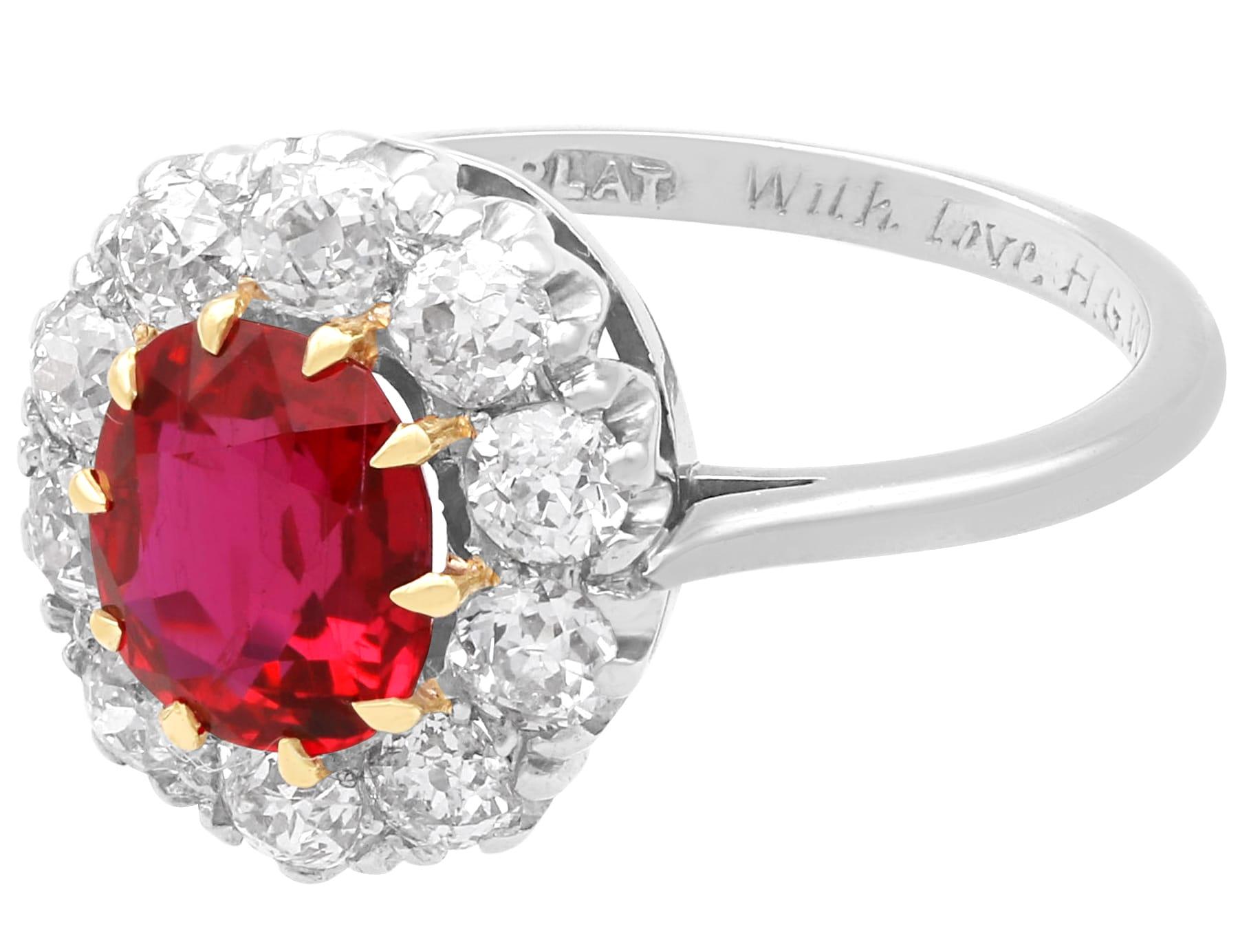 Women's or Men's Vintage 1.90Carat Thai Ruby and 0.90 Carat Diamond, Platinum Cluster Ring 1940