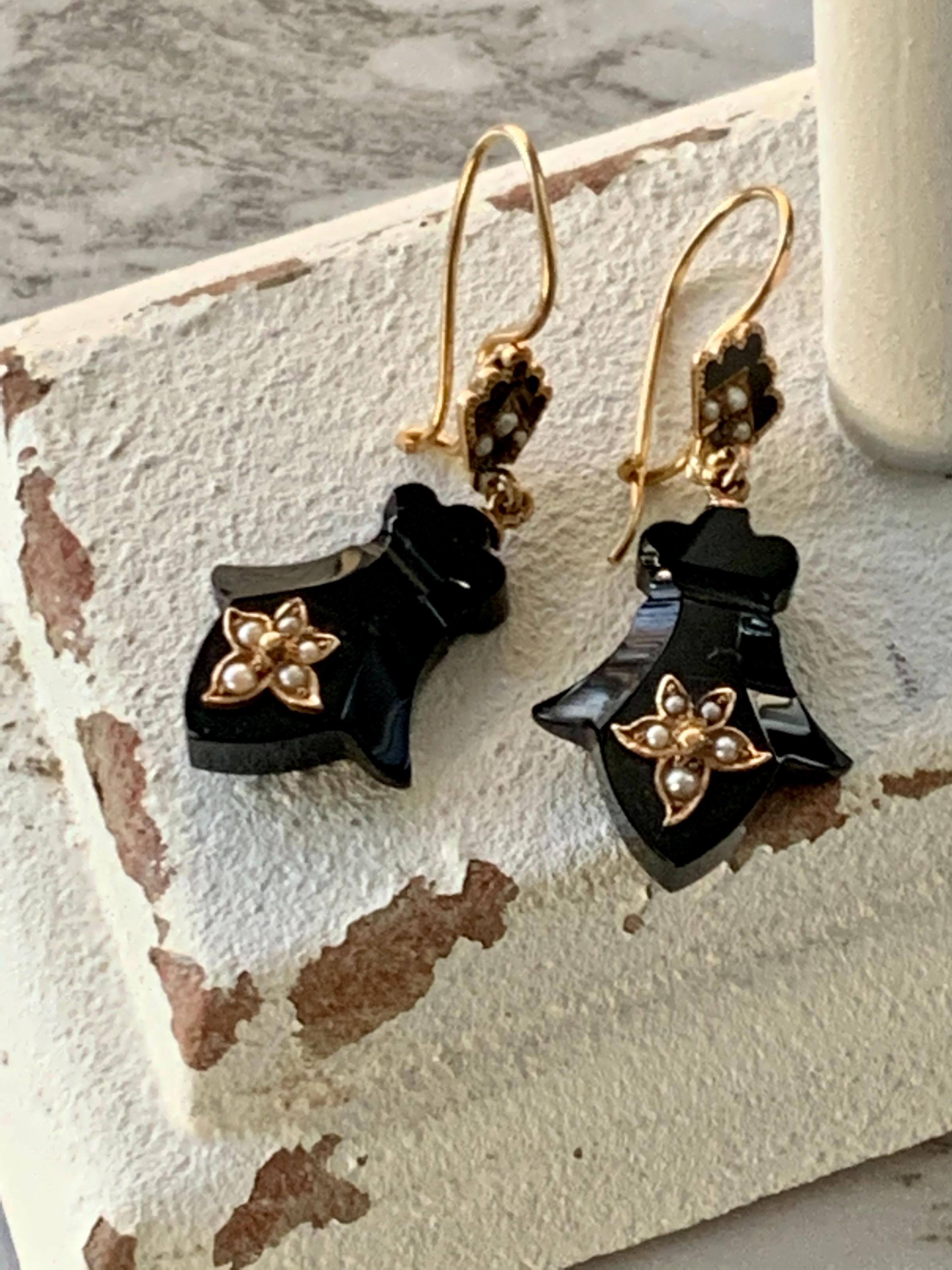 Mixed Cut Vintage 1910's Black Onyx and Seed Pearl 14 Karat Yellow Gold Dangle Earrings