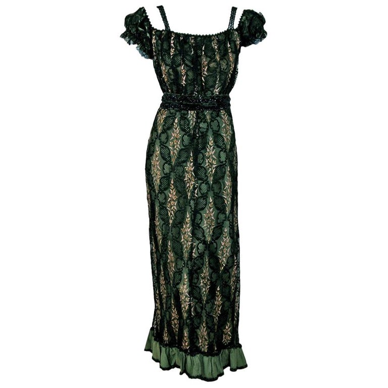 Vintage 1910's Edwardian Couture Sage-Green Beaded Floral Lace Off ...