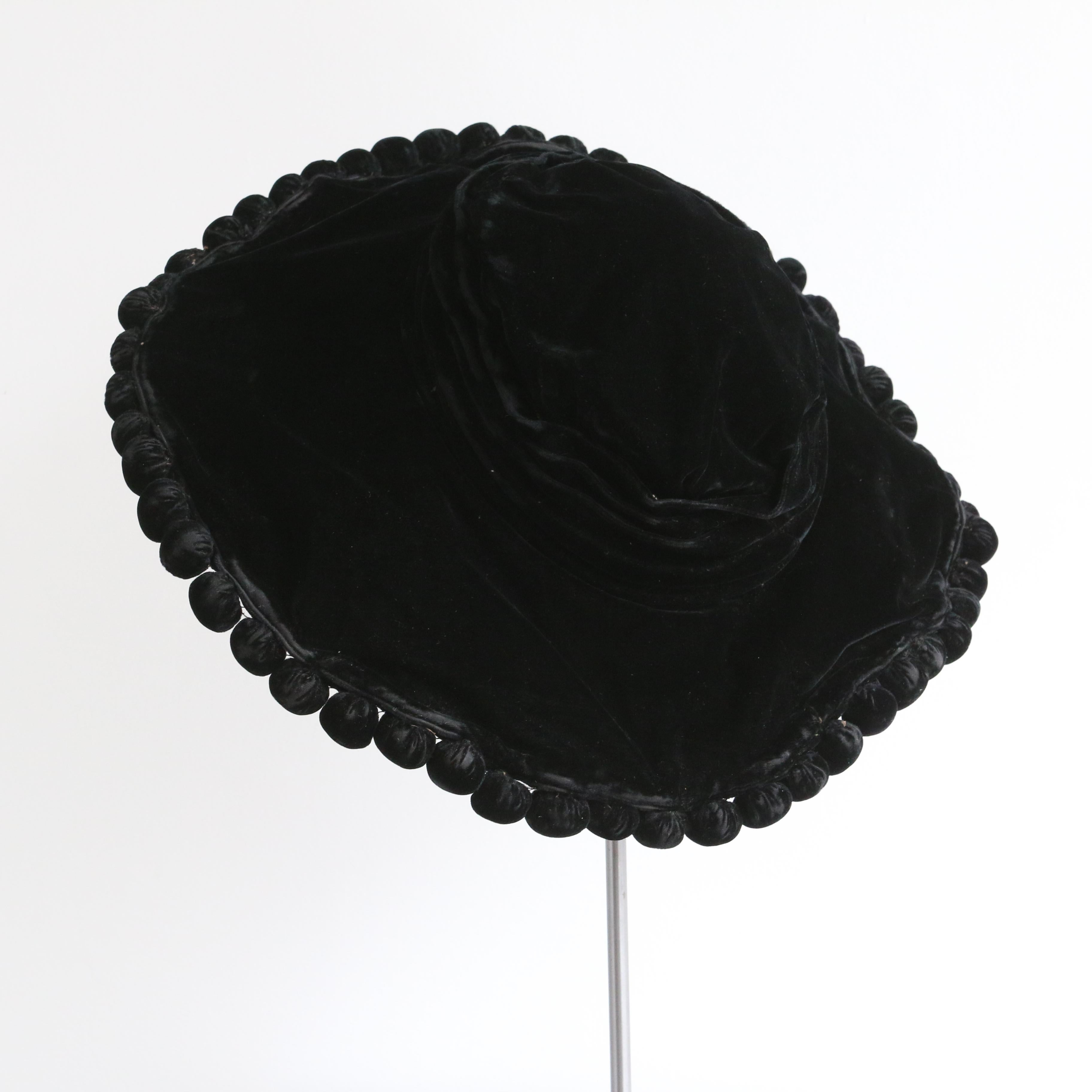 Black Vintage 1910's Edwardian Silk Velvet Wide Brim Hat