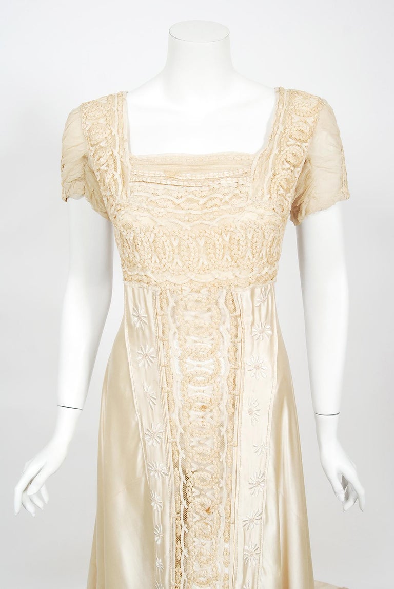 Vintage 1910s Ivory Crème Embroidered Net-Lace and Silk Satin Trained  Bridal Gown For Sale at 1stDibs