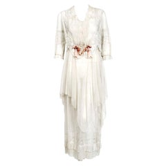 Used 1910's Ivory Sheer Embroidered Floral Lace & Tulle Tiered Bridal Gown 
