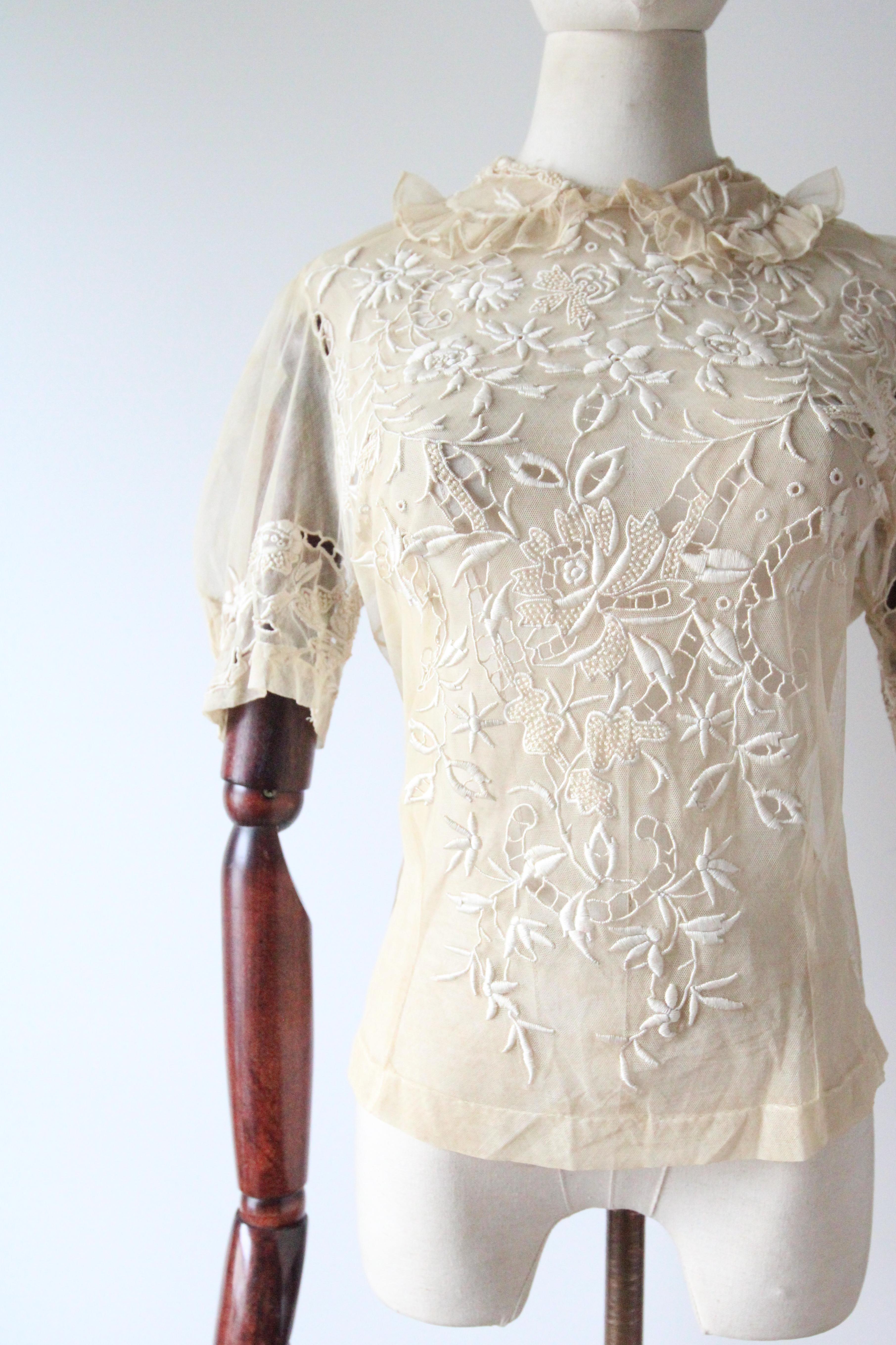 Beige Vintage 1910's Lace and tulle floral embroidered embroidered blouse UK 8-10