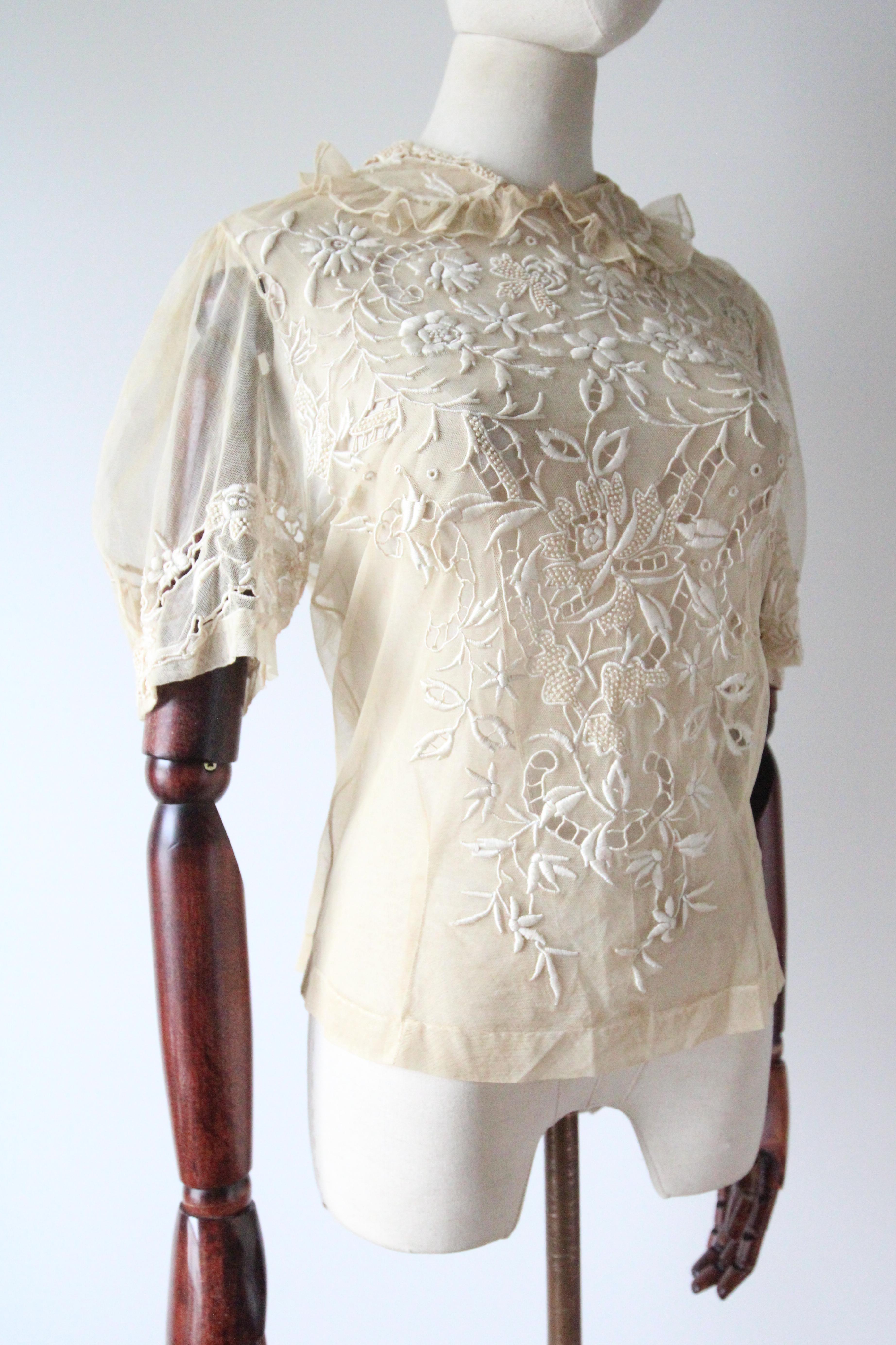 Women's Vintage 1910's Lace and tulle floral embroidered embroidered blouse UK 8-10