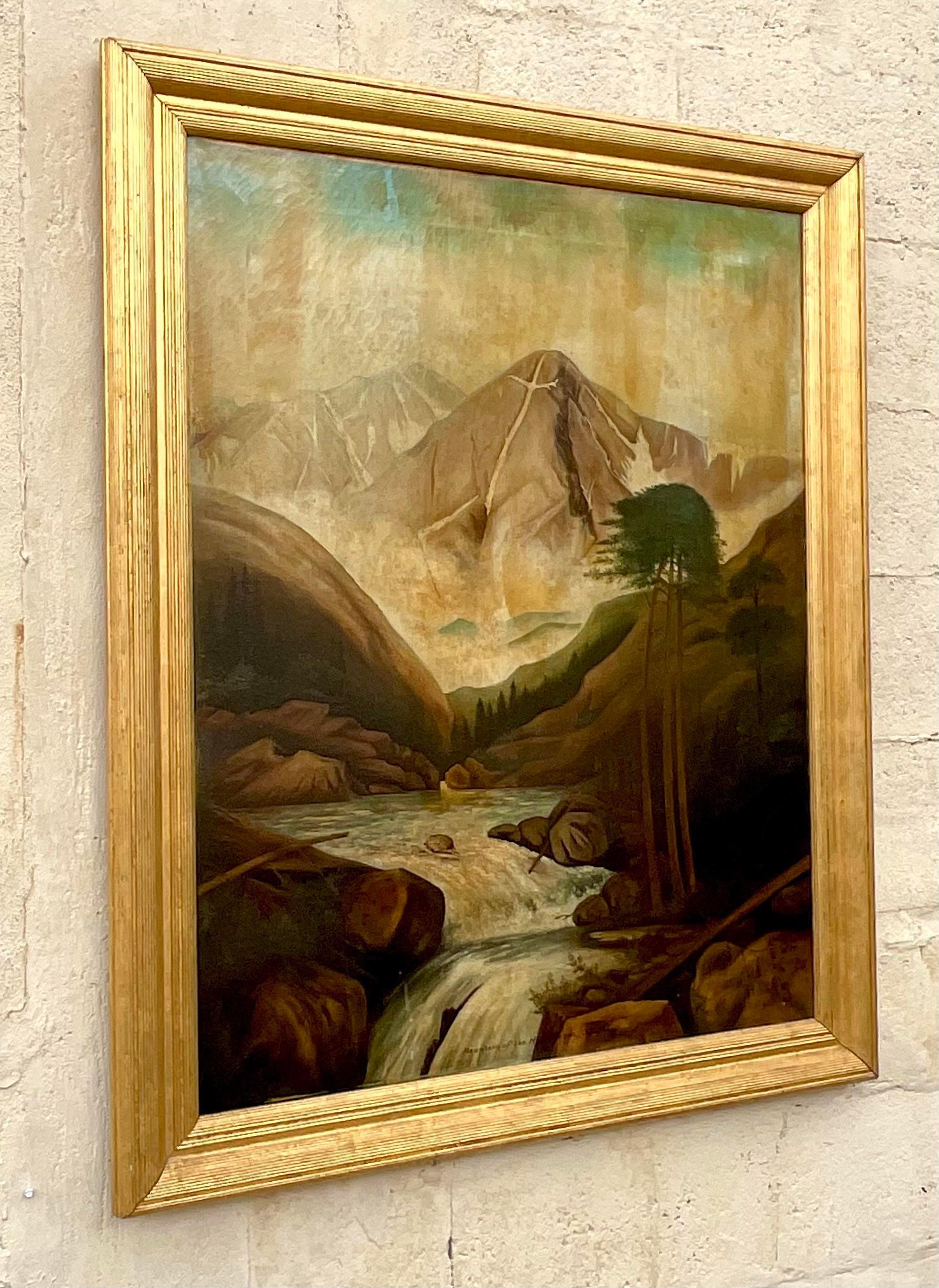A fantastic vintage original oil painting on canvas framed in a magnificent gilt frame. A chic  American West composition “Colorado Mount of the Holy Cross