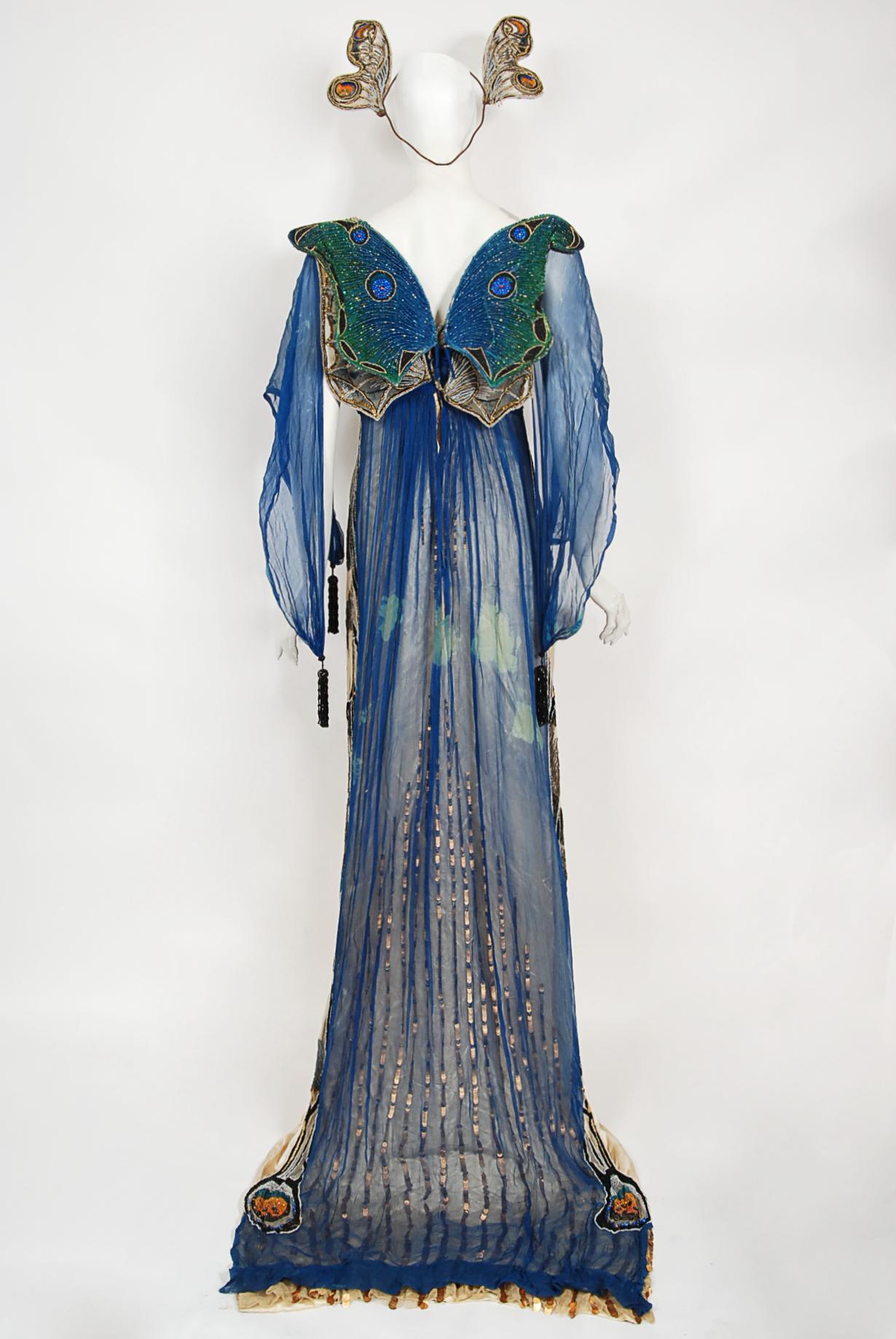 Vintage 1912 Worth Haute Couture Beaded Butterfly Motif Silk Gown & Headpiece  For Sale 11