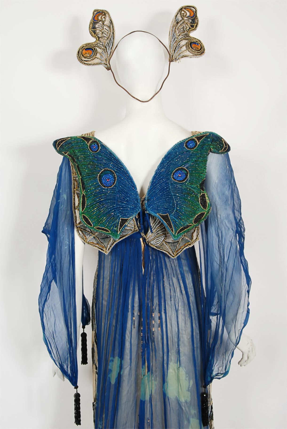 Vintage 1912 Worth Haute Couture Beaded Butterfly Motif Silk Gown & Headpiece  For Sale 12