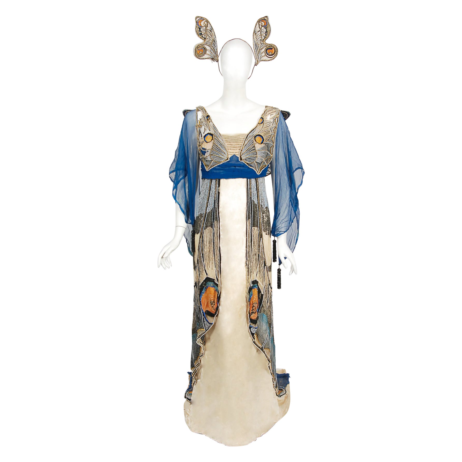 Vintage 1912 Worth Haute Couture Beaded Butterfly Motif Silk Gown & Headpiece