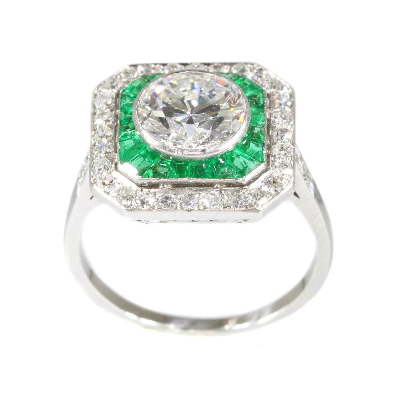 Old European Cut Vintage 1.92 Carat Diamond & Brazilian Emerald Platinum Engagement Ring