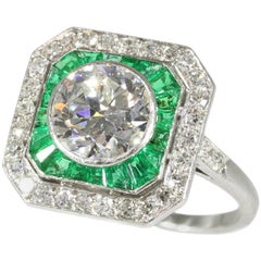 Antique 1.92 Carat Diamond & Brazilian Emerald Platinum Engagement Ring