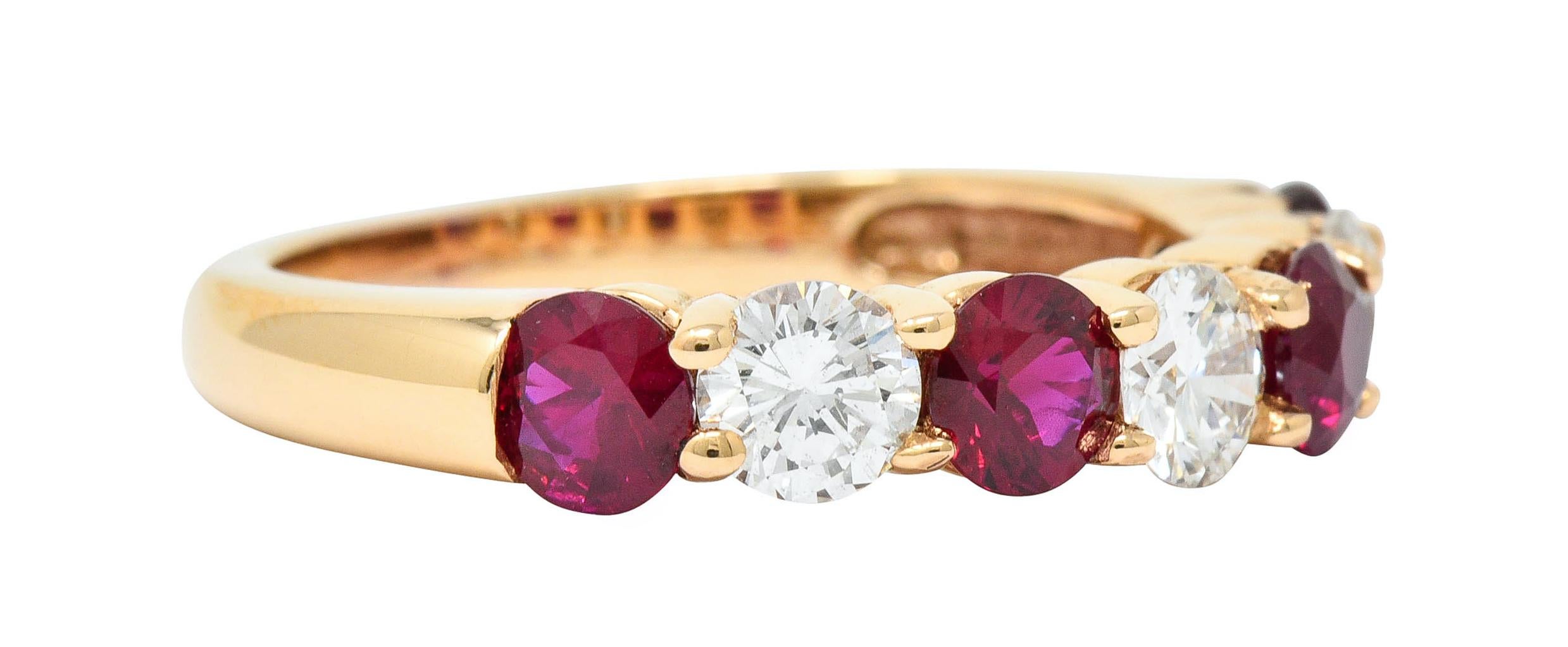 Shared prong band ring is set to front with round cut rubies and diamonds, alternating

Rubies are a very well-matched red color and weigh approximately 1.20 carats total

Diamonds weigh in total approximately 0.72 carat with G to I color and VS